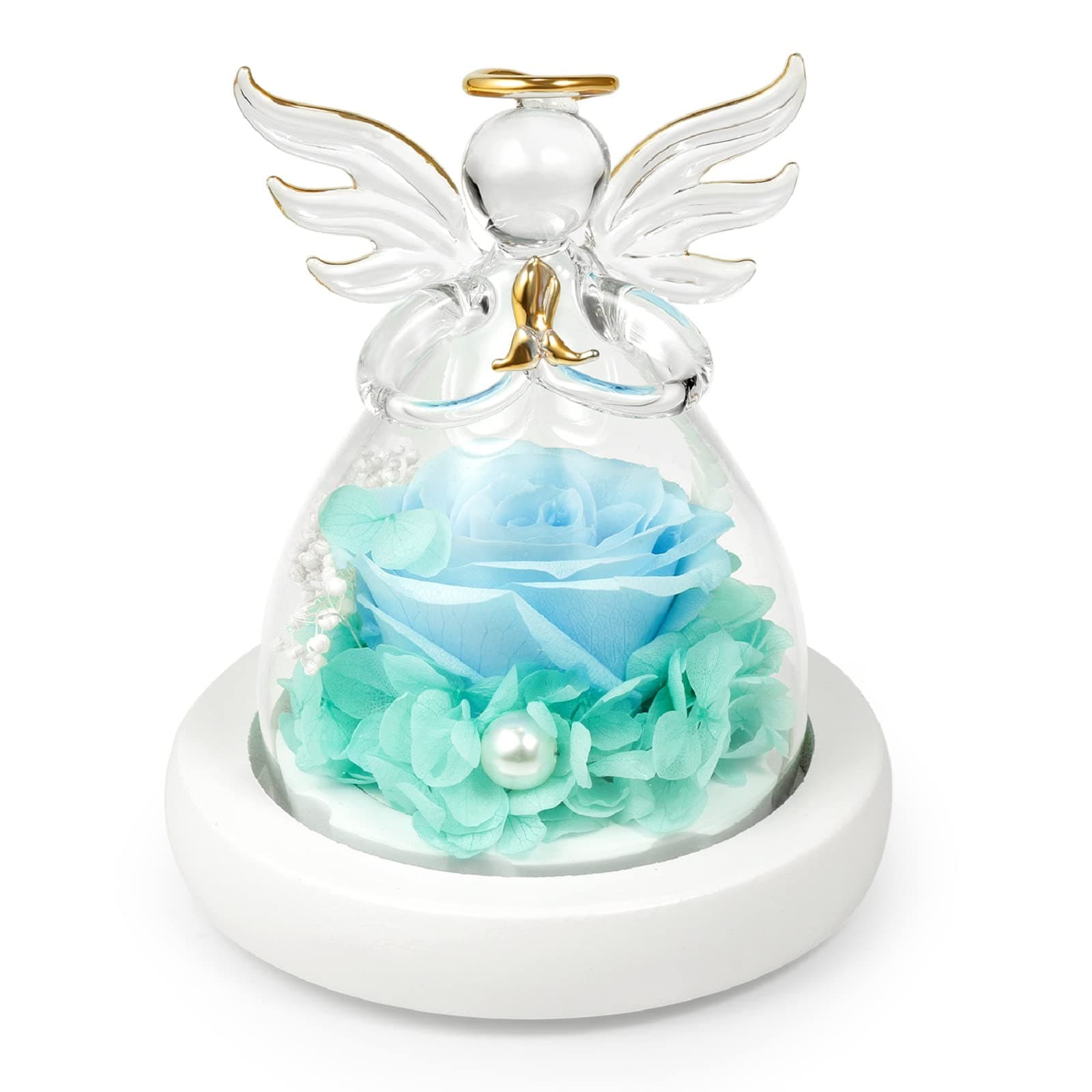 LG LOUIS GARDENEternal Rose In Glass Angel Figurines, Preserved Blue Rose Forever Flower With Led Light And Wood Base, Wedding Anniversary Mother's Day Birthday Romantic Gift For Her