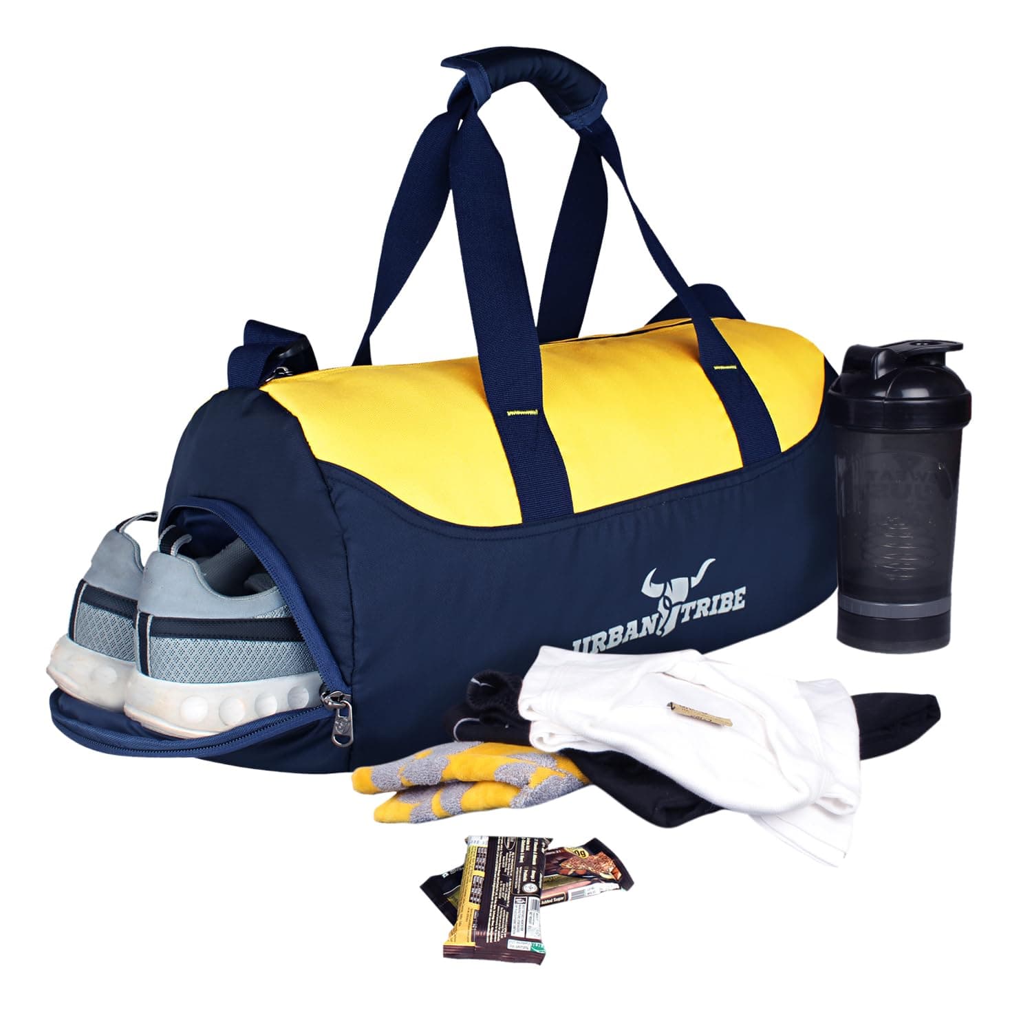 URBAN TRIBE Bolt 28L Gym Bag with Shoe Compartment | Sports Duffle Bag for Men and Women | Exercise, Workout, Fitness Bag | Navy, Yellow