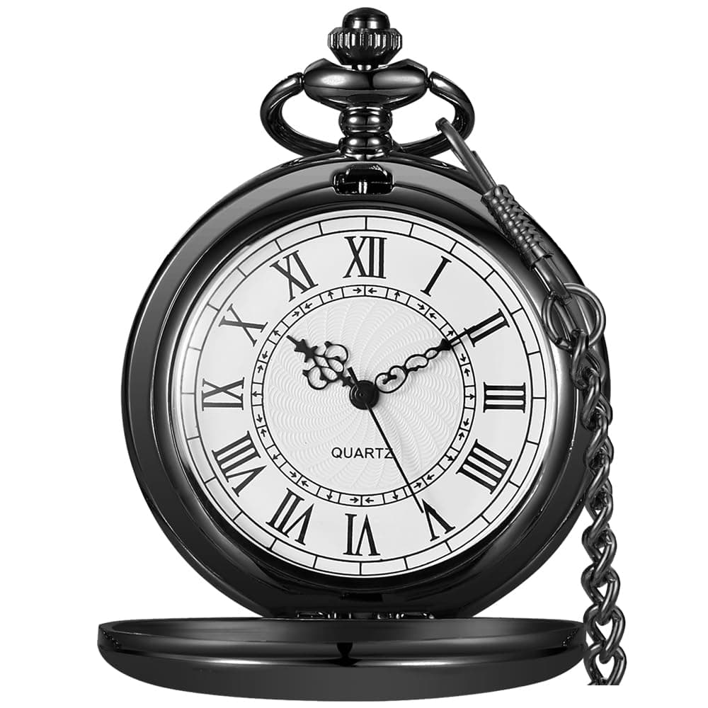 Alwesam Smooth Pocket Watch Alloy Steel Quartz Roman Numerals with 37cm Chain for Father's Day Xmas Best Gifts