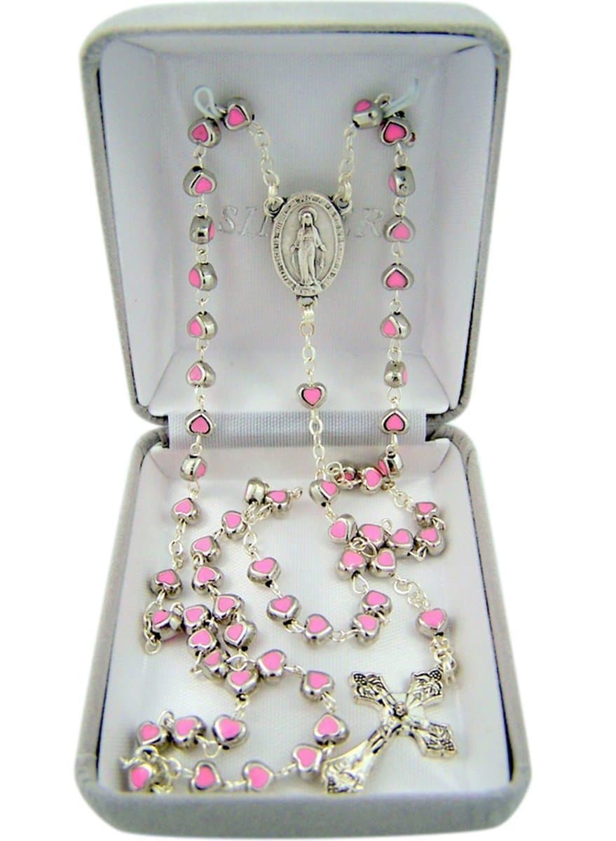 Catholic Silver Tone Pink Enamel Prayer Bead Rosary Necklace with Miraculous Medal Centerpiece, 19 Inch