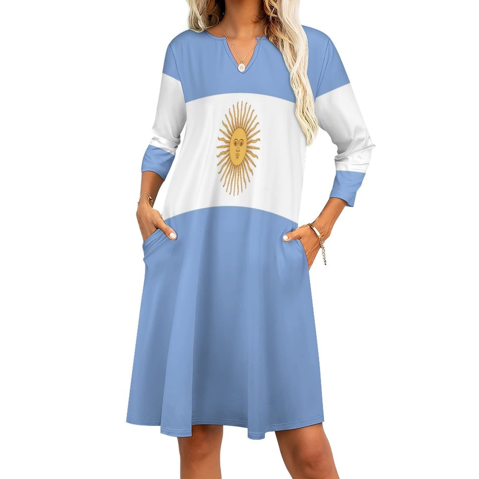 Skirts for Womens Summer Fall Dress Top Argentina Flag Casual V Neck Long Dress for Fashion Womens Dress M