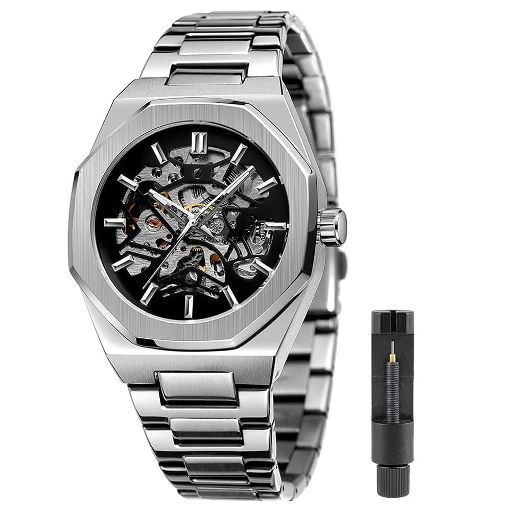 Fashion Automatic Watches Mechanical Wrist Watch Golden for Mens Skeleton Watches with Stainless Steel Transparent Dial