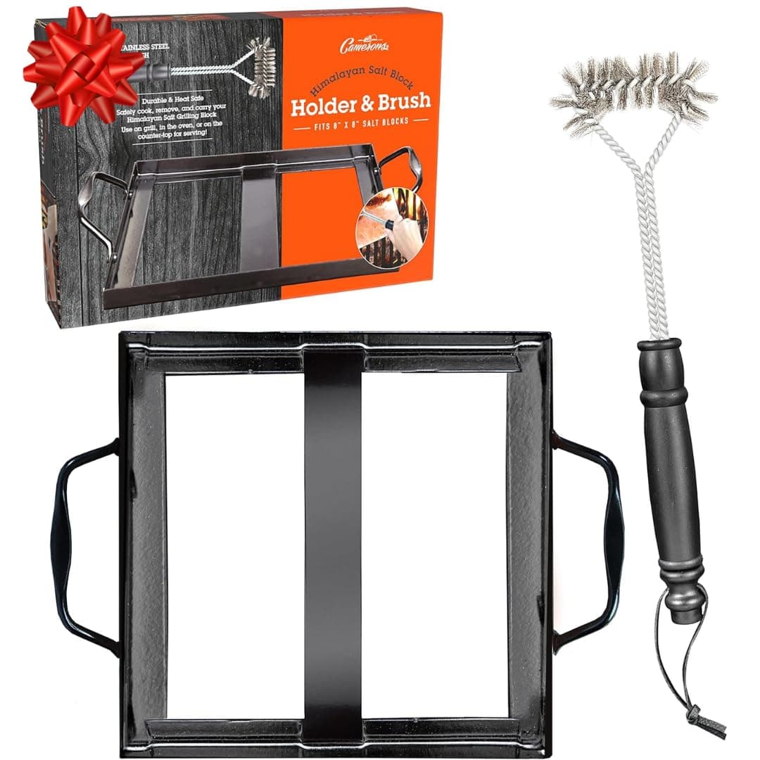 Himalayan Salt Block Holder & Stainless Steel Wire Cleaning Brush- Heat Resistant & Durable w/Easy-Grip Handles for Safety - Fits Any 8"x8" Salt Slab for Cooking & Grilling - Indoor and Outdoor Use