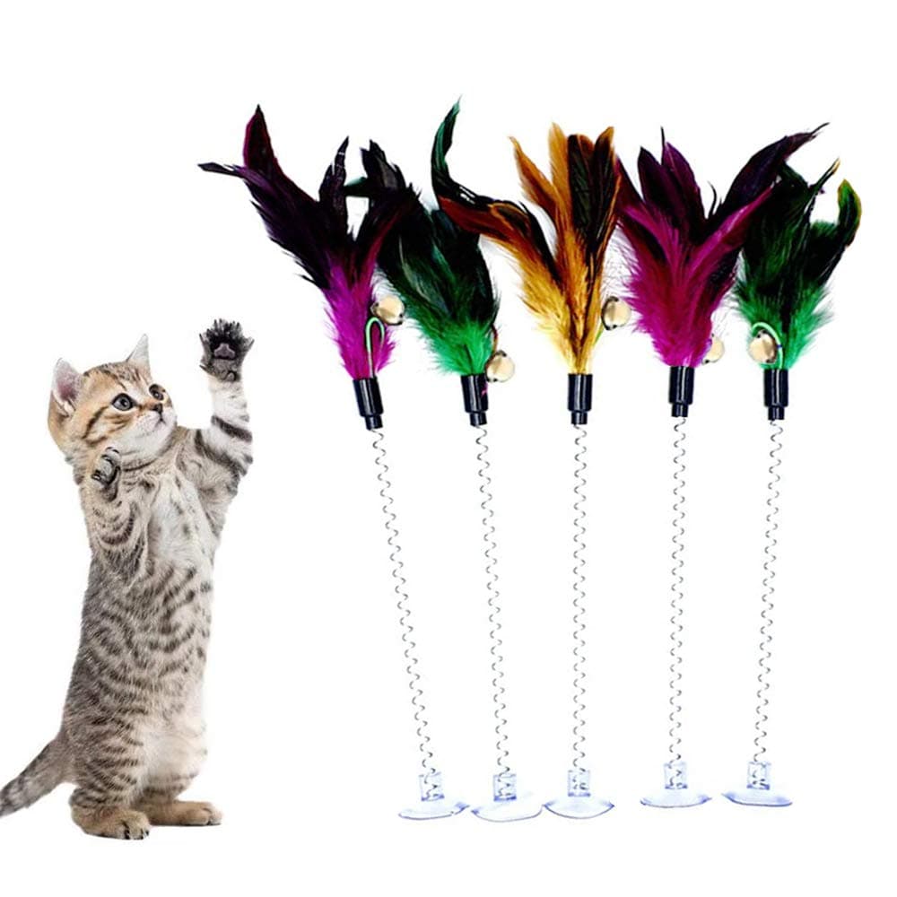 MAIYUCat Teaser Wand (5 Pack), Metal Wire Spring Cat Toy with Feather and Bell Sucker Cat Teaser Rod Interactive Cat Tease Toys