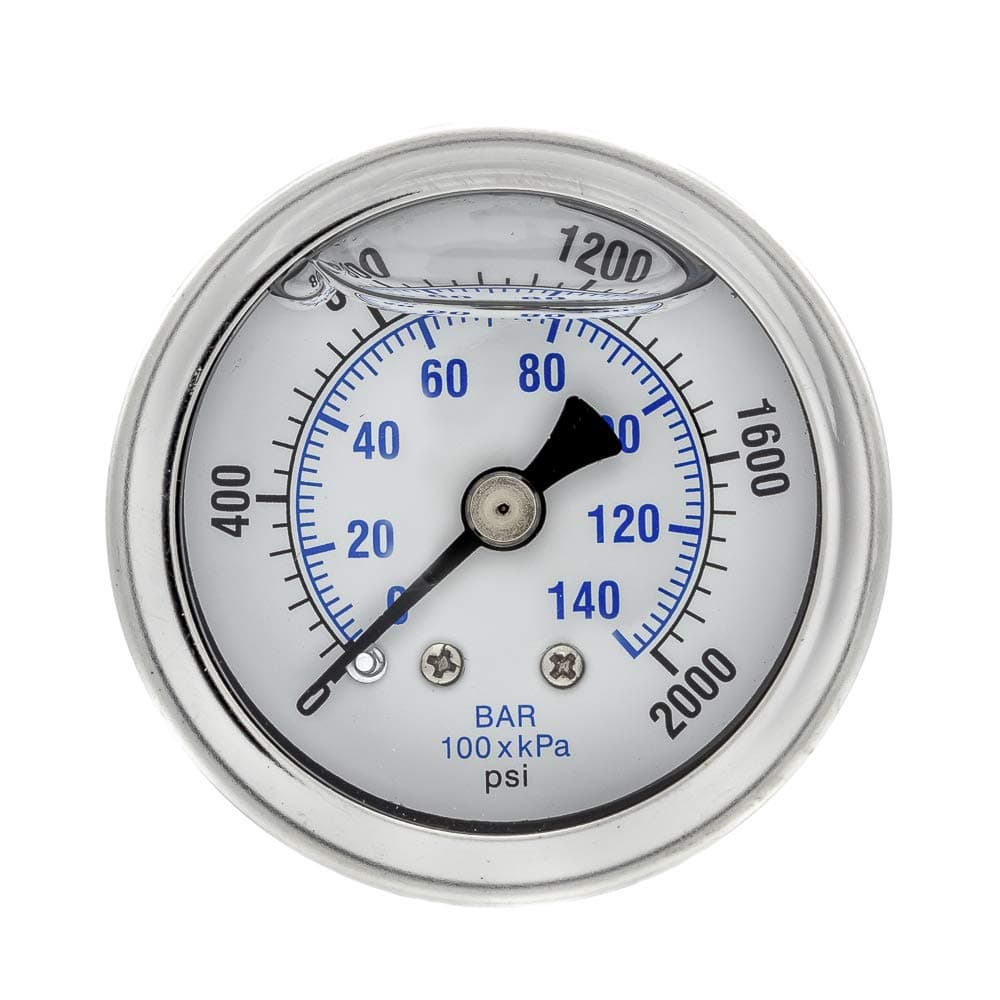 PIC Gauges 202L-158O Center Back Mount Glycerine Filled Pressure Gauge w/ SS Case/Bezel, Brass Internals, PC Lens, 1.5" Dial, 0/2000 psi Range, 1/8" Male NPT