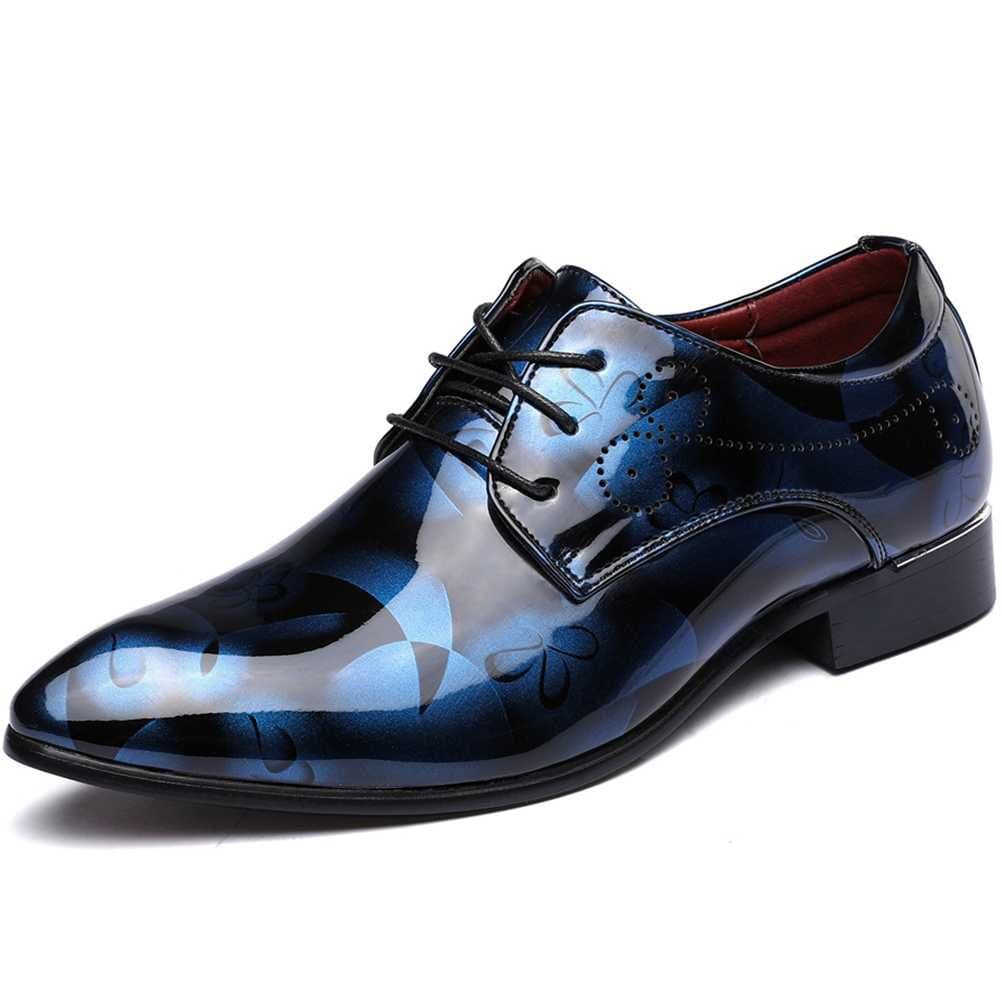 Senyee Men's Dress Shoes, Modern Classic Pointed-Toe Patent Leather Floral Lace-up Business Casual Oxfords Blue 9.5