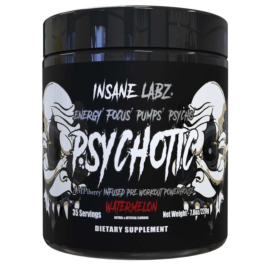 Insane Labz Psychotic Black Edition Mid Stimulant Pre Workout Powder, Energy Focus Pumps, Loaded with Creatine Beta Alanine Taurine Fueled by AMPiberry, 35 Servings (Watermelon)