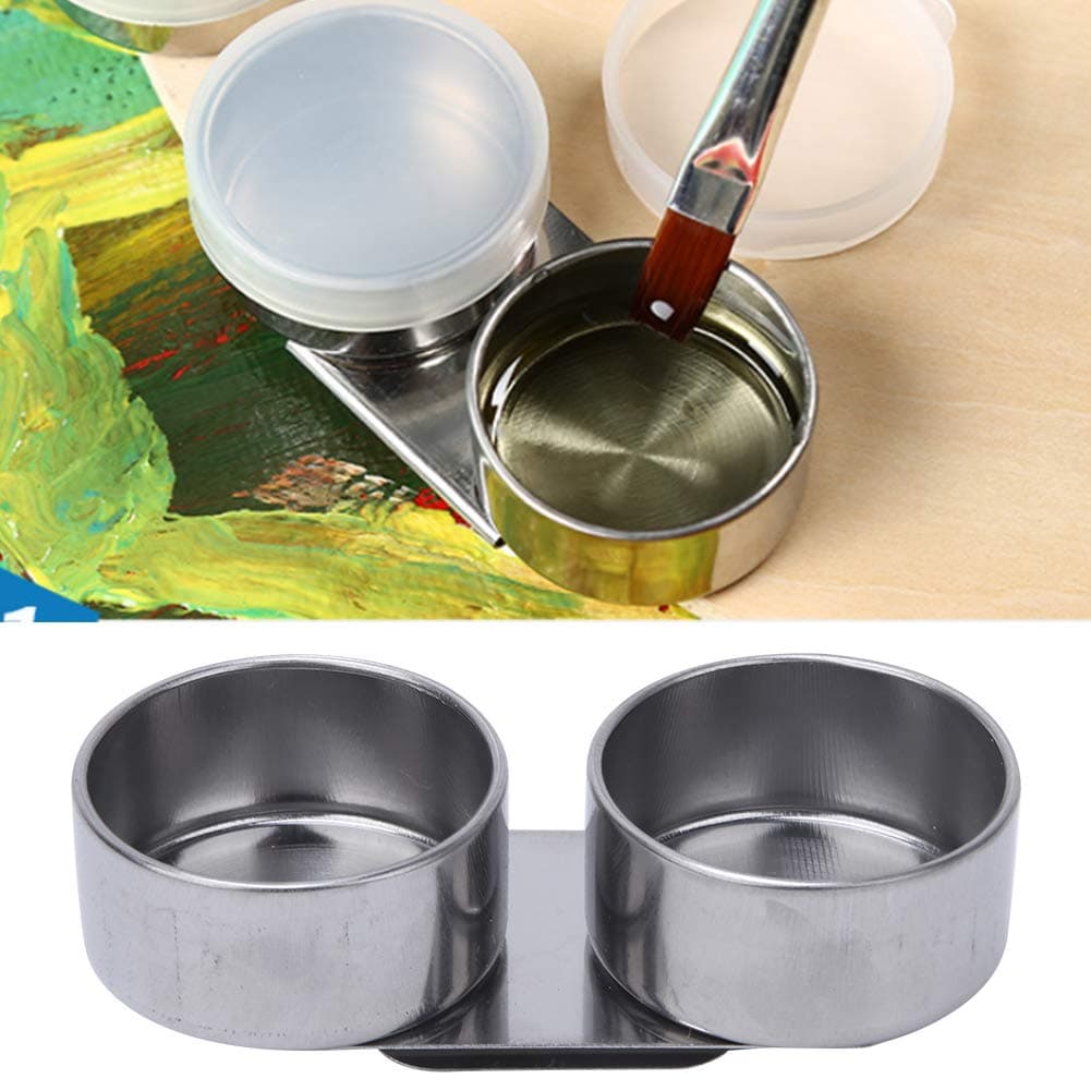 Double Dipper Palette Cup, Stainless Steel Double Oil Painting Palette Cup with Lid and Clip Oil Painting Double Palette Cup for Watercolor Gouache Acrylic Painting
