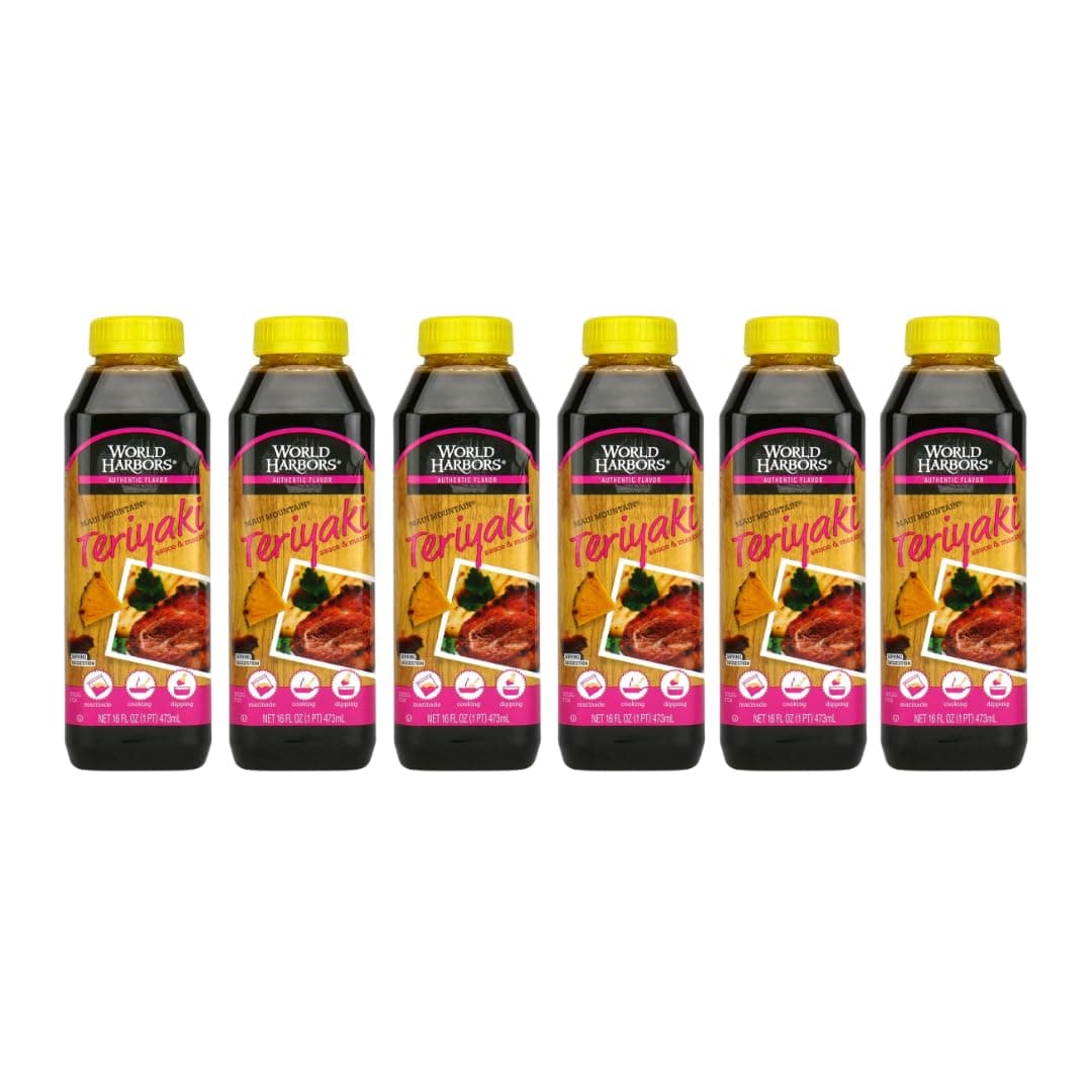 World Harbors Maui Mountain Teriyaki Sauce & Marinade Perfect for Fish, Chicken, Beef, Pork, Wings, Dumplings, Shrimp, Steak, Stir-Fries, Rice & Vegetables Made in USA 16-Fl Oz Bottle, (Pack of 6)