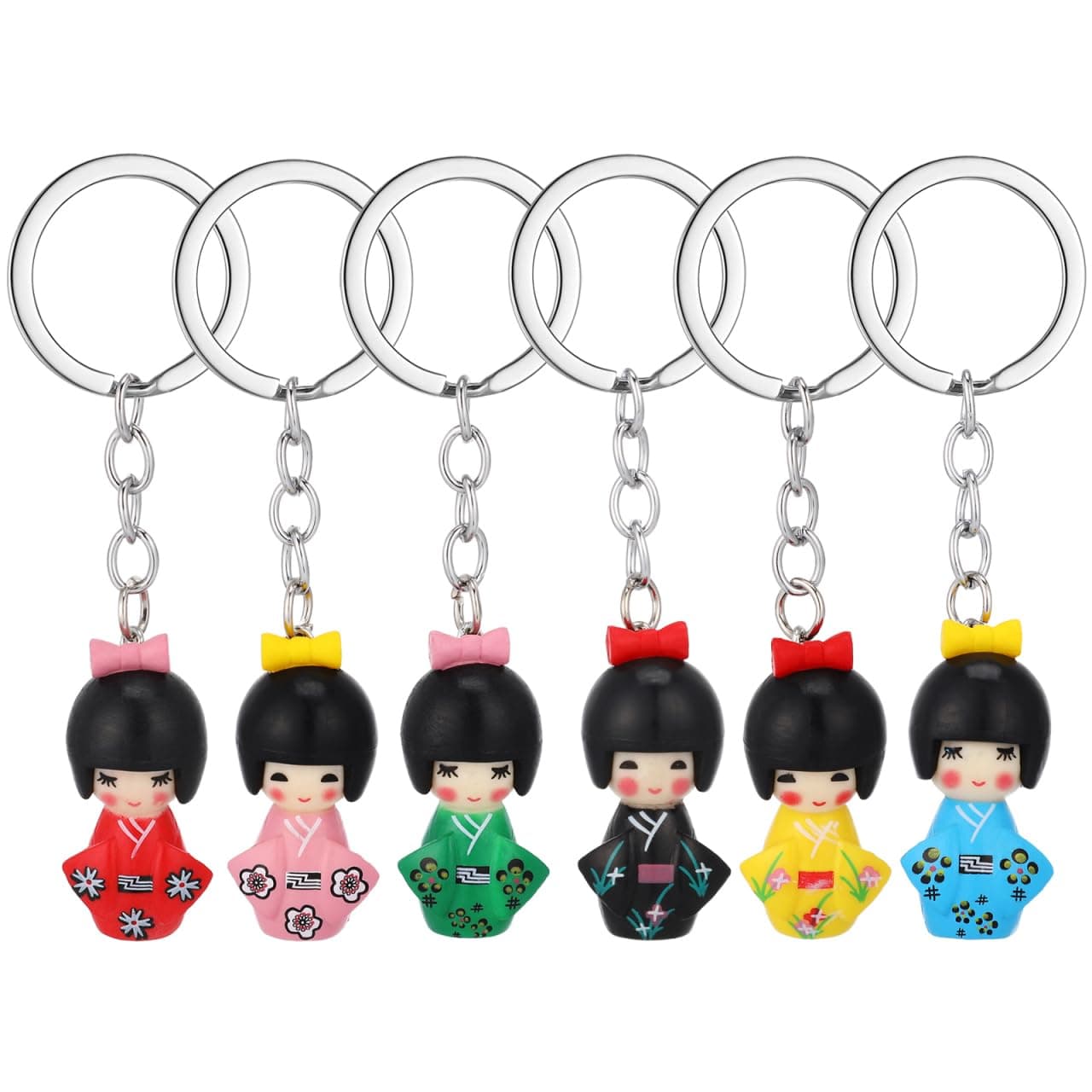 6pcs Traditional Japanese Kimono Kokeshi Doll Keychains Asian Geisha Figurine Ornament Bag Purse Charms DIY for Car Interior Hanging Decorations Random Color