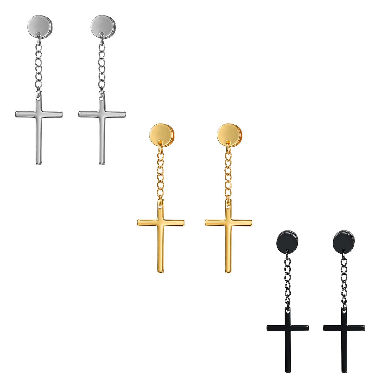 3pairs Stainless Steel Cross Drop Dangle Earrings for Mens Birthday Christmas Gifts,Black,Silver,Gold,Hypoallergenic