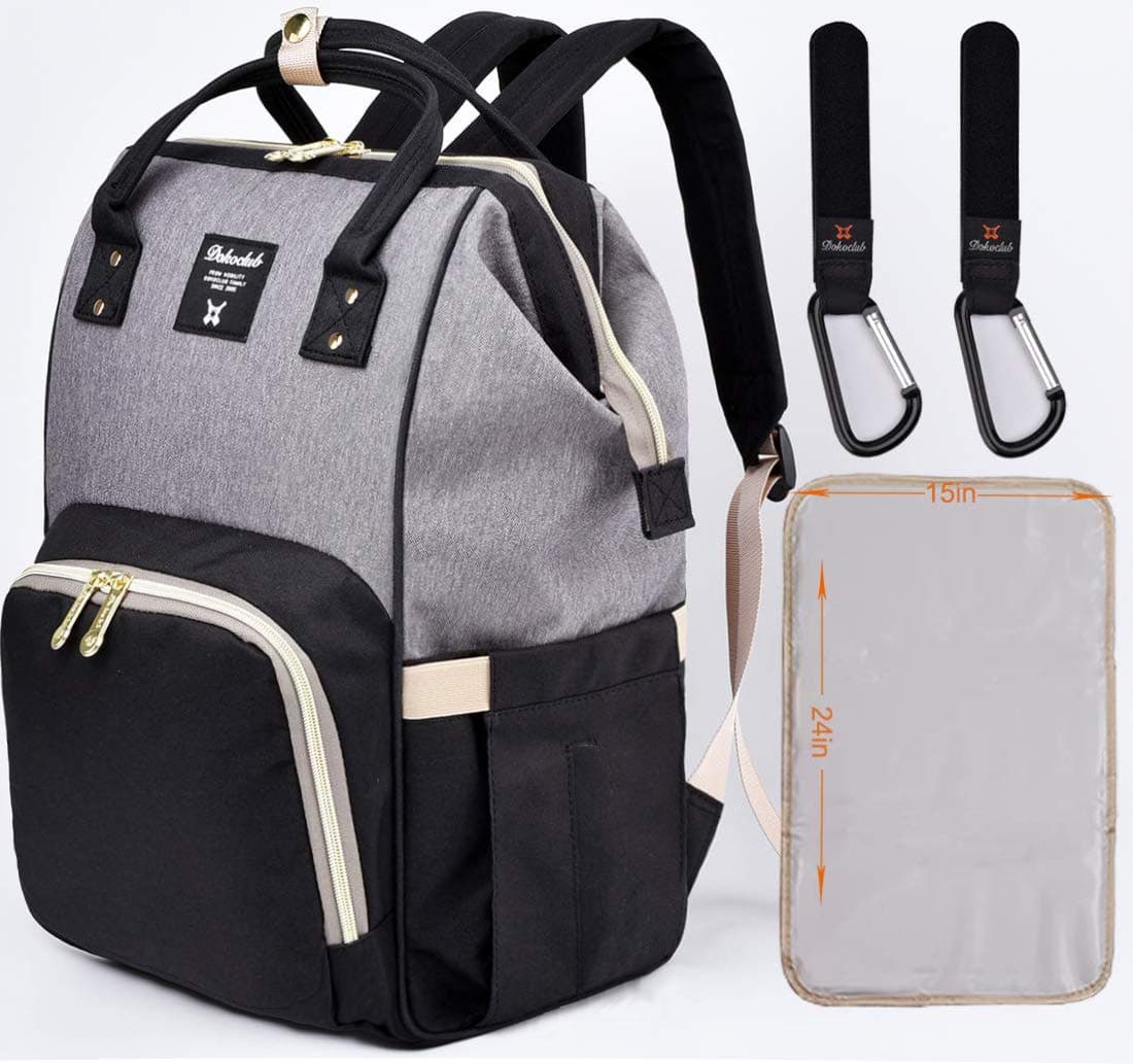 Diaper Bag Backpack Nappy Changing baby Bag for baby care, Pad and hook, Black&gray, Large