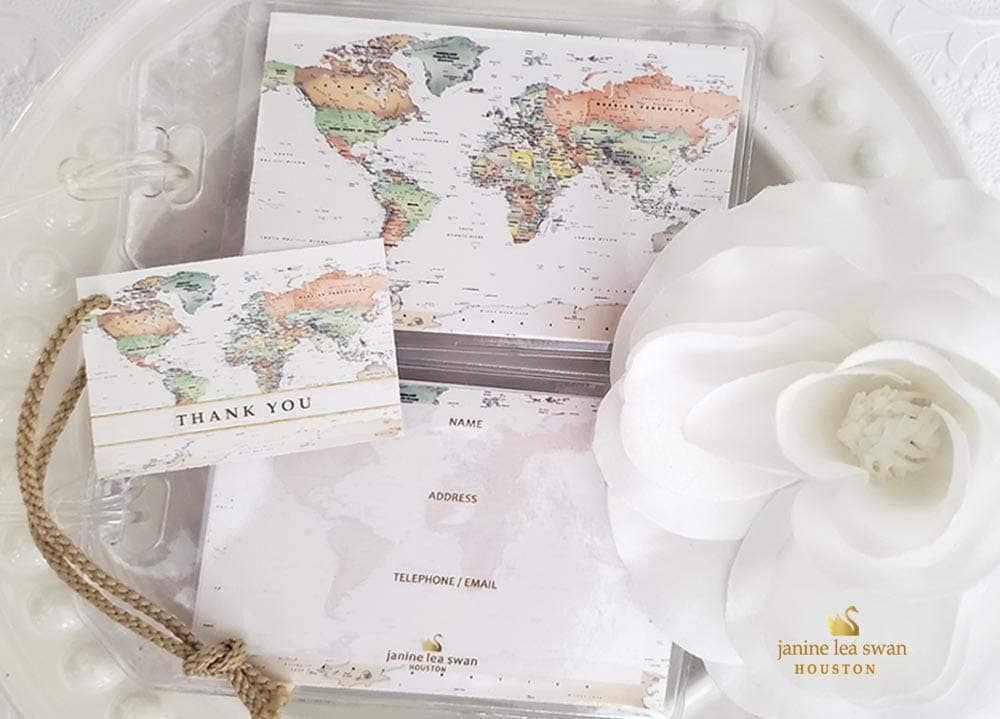 Janine Lea Swan designs 50 World Map Luggage Tag Favors Ivory $1.25 ea.