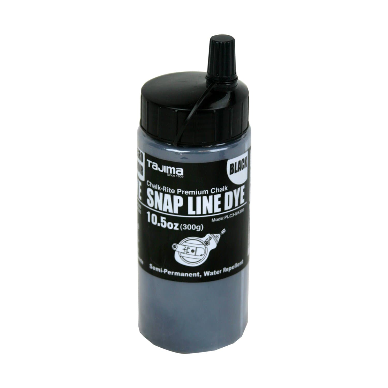 Marking Chalk - Black 10.5 oz (300g) Semi Permanent Snap-Line Dye with Durable Bottle & Easy-Fill Nozzle - PLC3-BK300