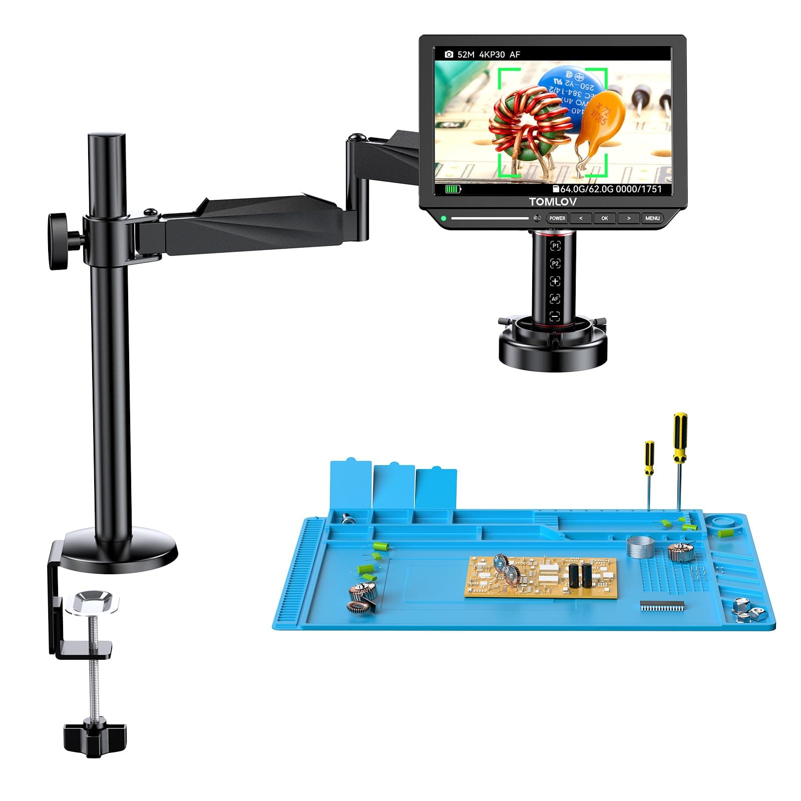 TOMLOV Autofocus 4K Digital Microscope, 8" TM4K-AF Flex Arm HDMI Micro Soldering Microscopes for Adults, Coin Microscope with Ring Light, 52MP LCD Microscopes with Screen, Electronics Repair Mat, 64G