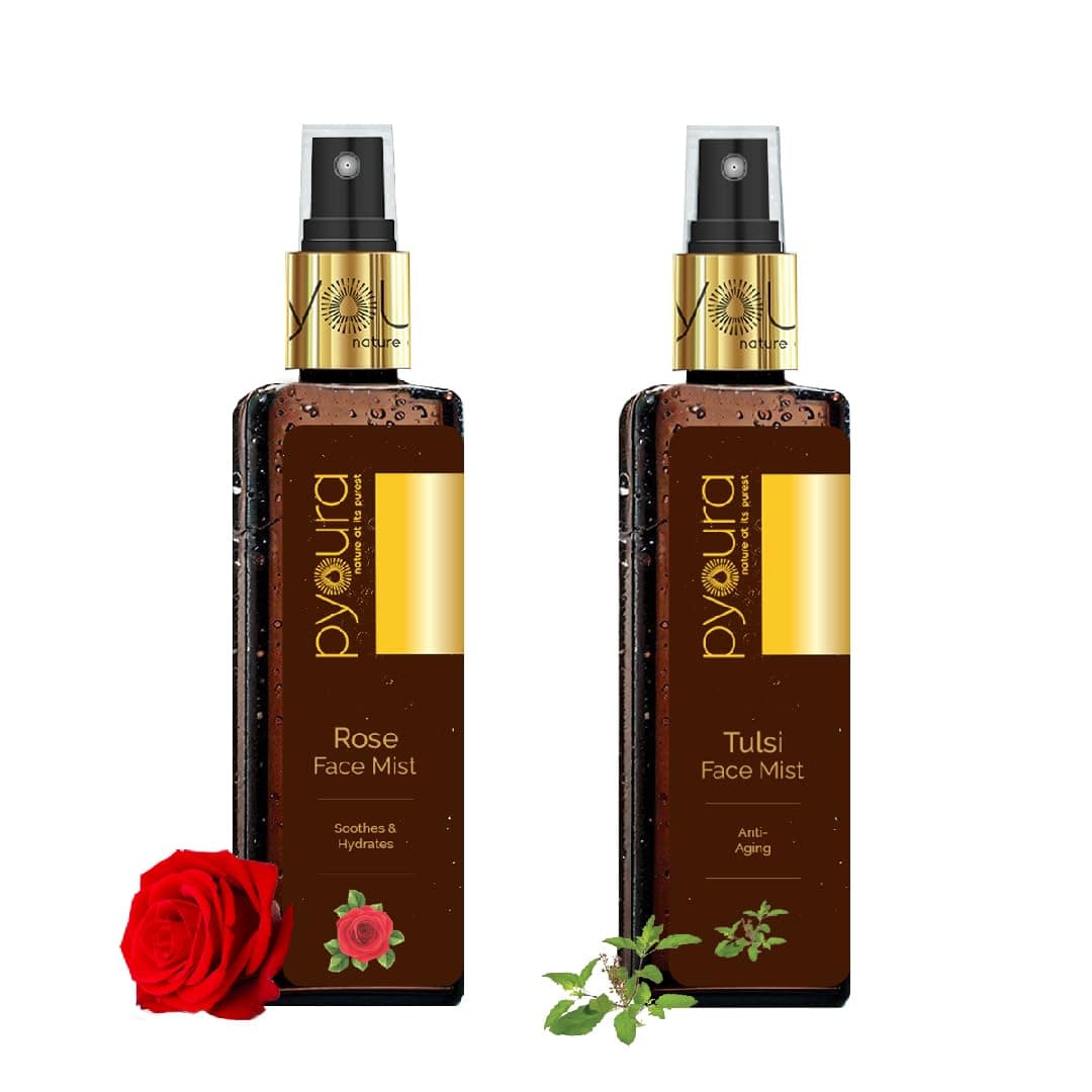 PYOURA Tulsi and Rose Face Toner combo for glowing skin - 100ml each (pack of 2), for glowing, youthful skin, helps fight aging with hydrating formula, suitable for all skin types