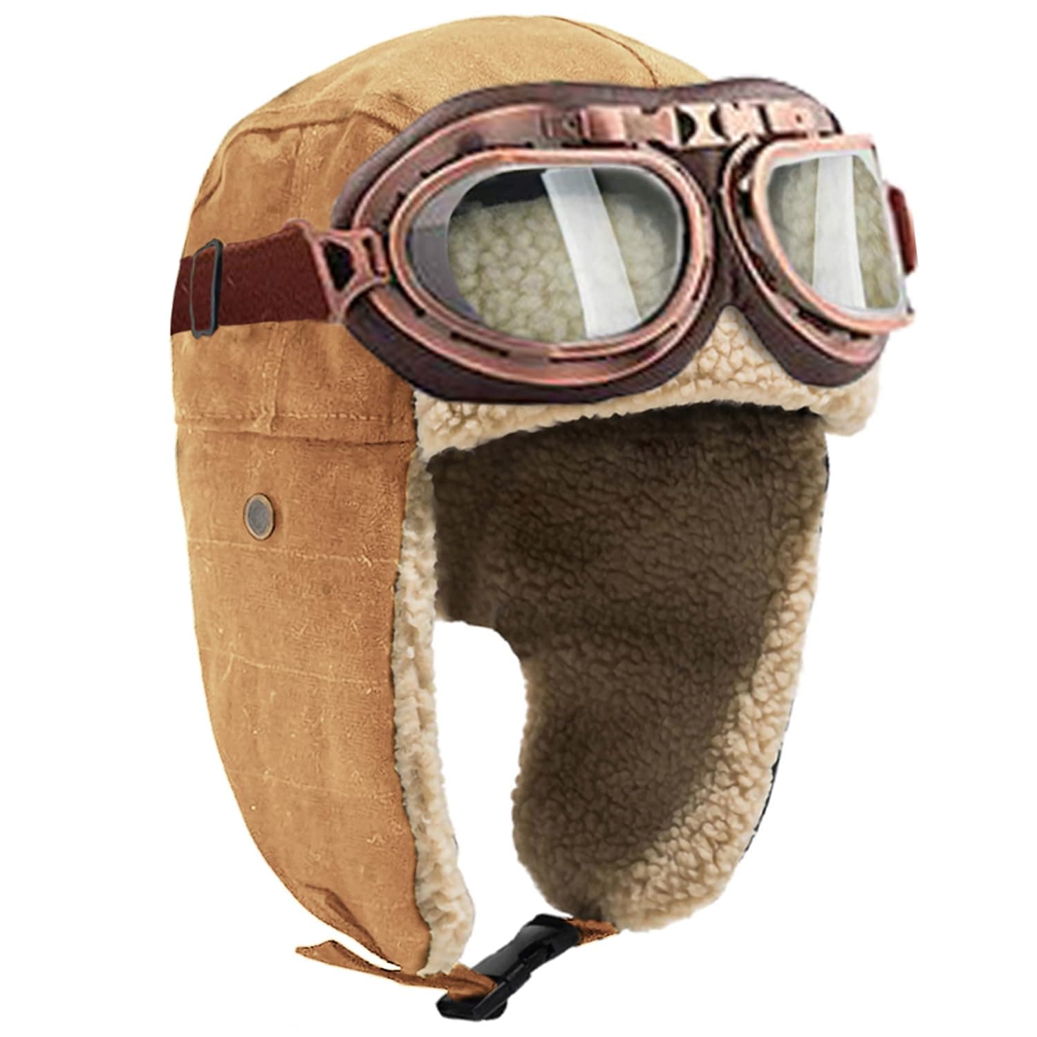 Aviator Hat with Goggles for Adult- Vintage Pilot Costume Cap Winter Fur Trapper Hat for Men Women Warm