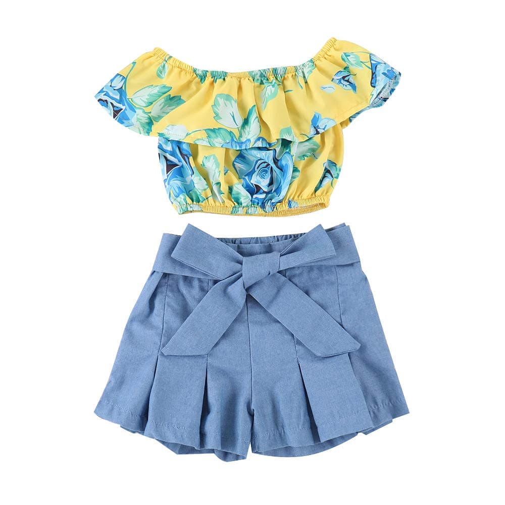 Kids Baby Girls Outfits Floral Ruffle Off Shoulder Crop Tops + Bowknot Denim Shorts Skirt Set Toddler Summer Clothes