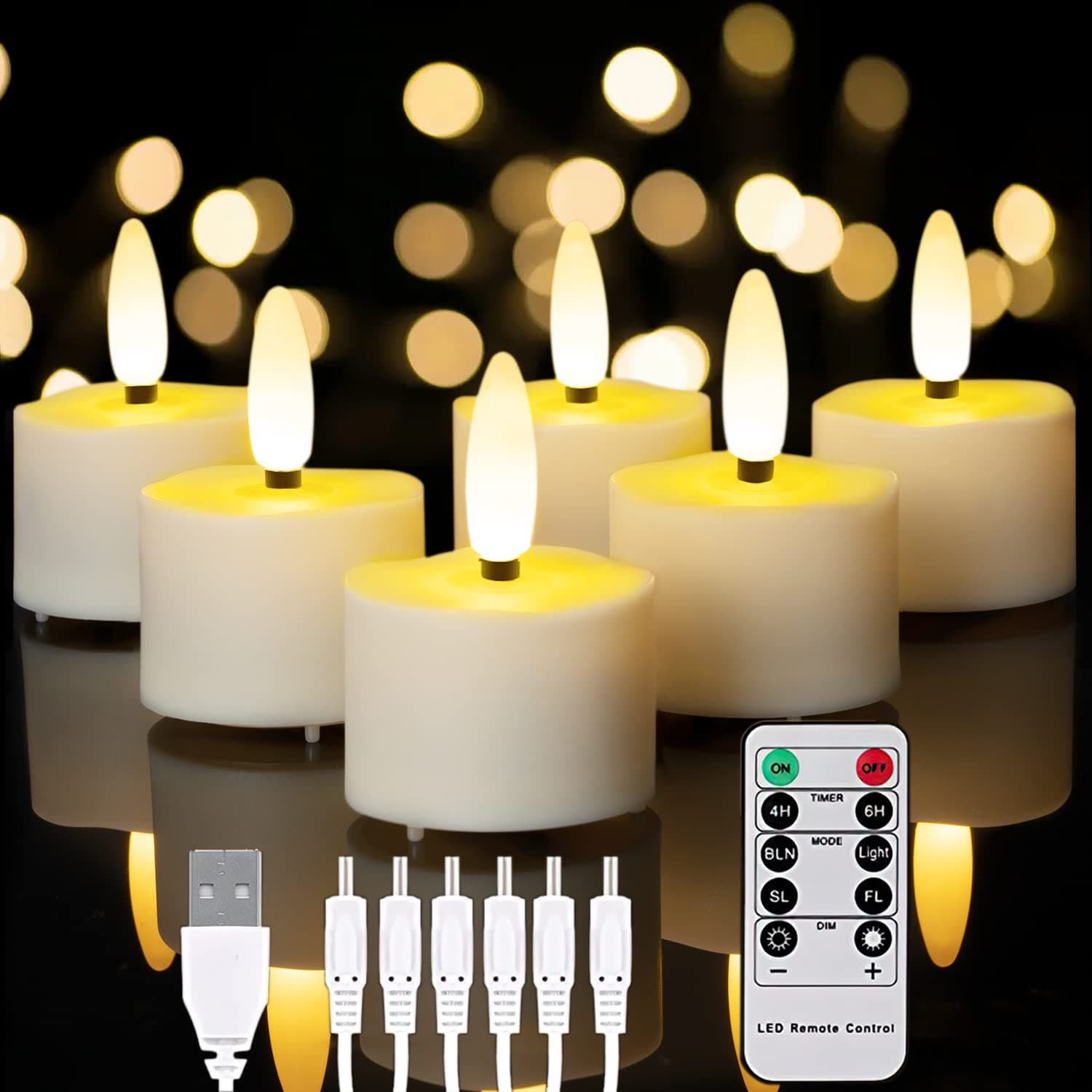 Homemory Flameless Rechargeable Tea Lights with Remote Timer - LED Tea Lights Battery Operated, Realistic Flickering for Home Holiday Decor, Wedding Table Centerpieces, 6-Pack (Φ 1-1/2''×H 2-1/3'')