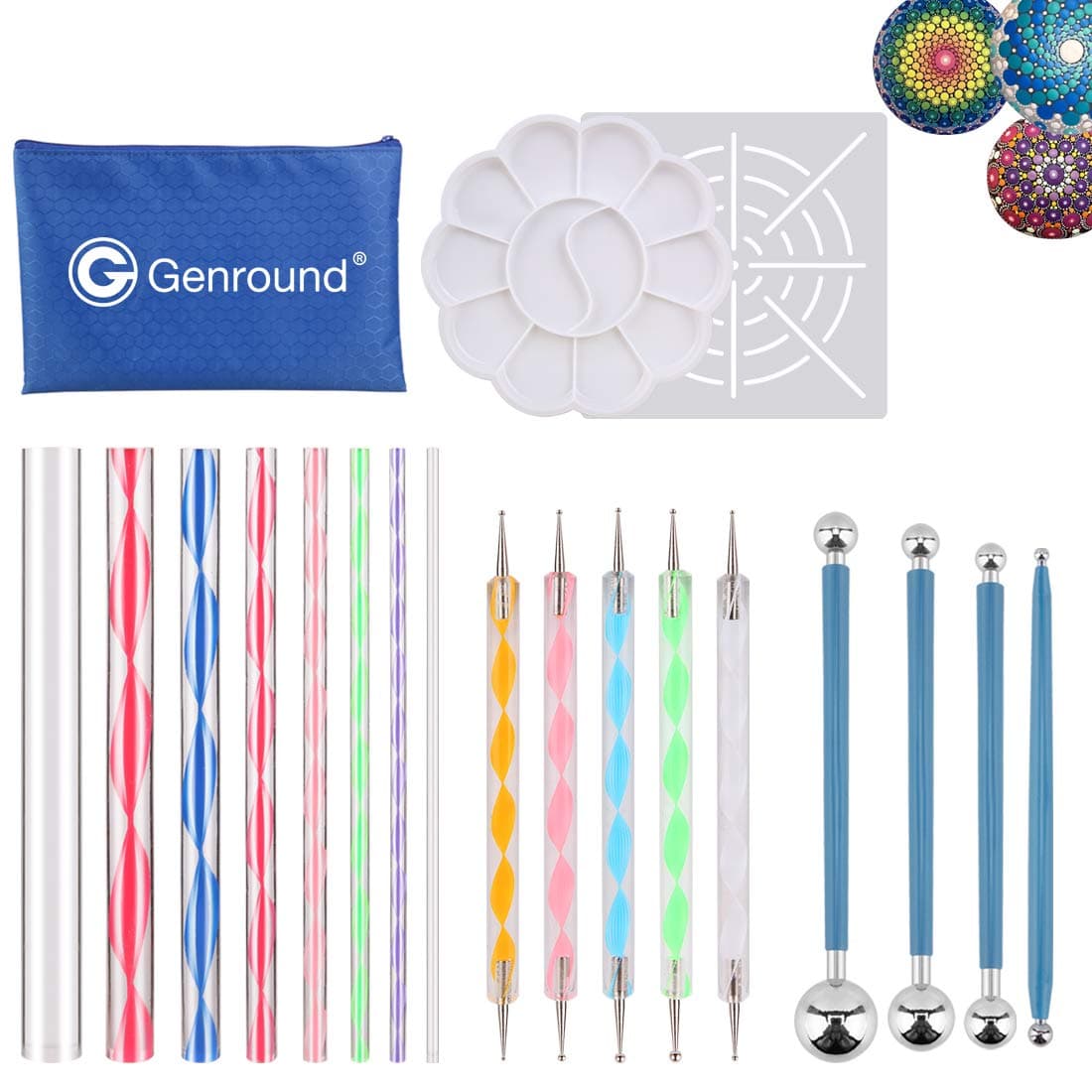 Genround Mandala Rock Dotting Tools, 20pcs Rocks Painting Stencil with 8 Acrylic Rods, 5 Double-Sided Dot Pens, 4 Ball Stylus Tool, 1 Drawing Stencils, 1 Paint Pallet, Boy Girl Gifs Kids Toy Art Craft