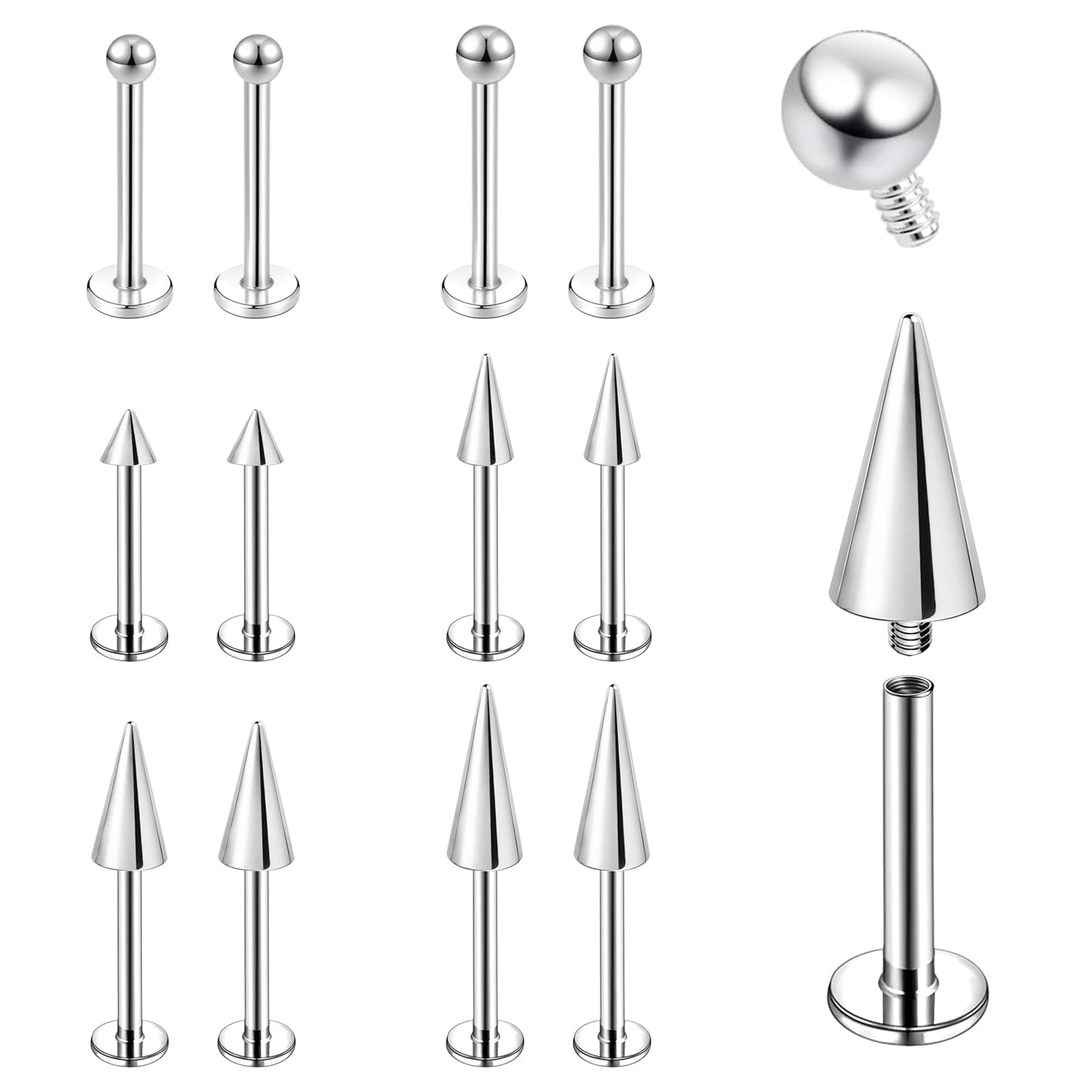 BodyAce Spike Flat Back Earrings Lip Bars, 16G 18G Spike Helix Tragus Studs Cartilage Earrings, Internal Threaded Labret Ring Lip Piercing Ear Jewellery