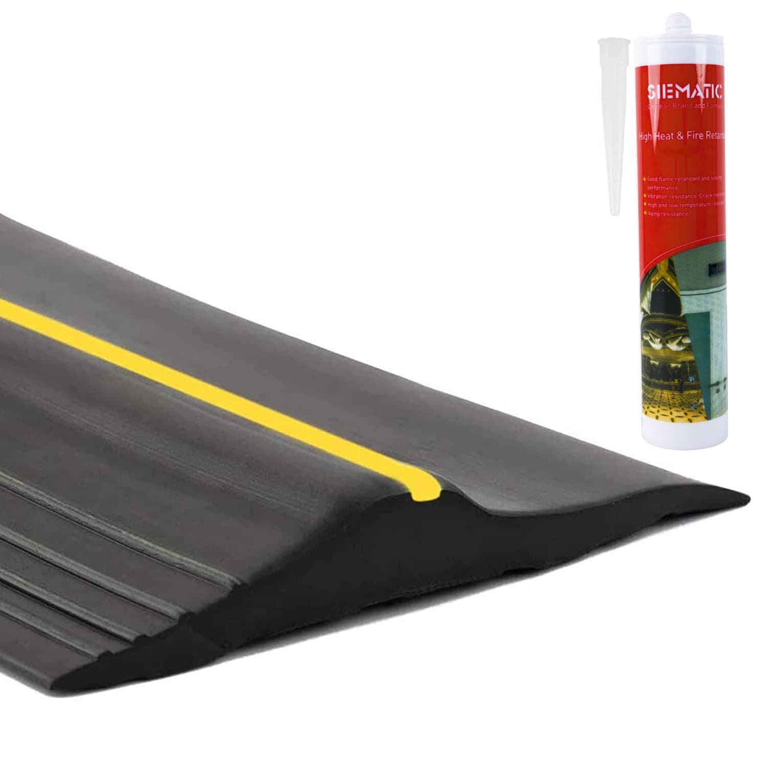 ToLanbbt 10Ft/3M Universal Garage Door Rubber Threshold Strip with 300ml Black Adhesive/Sealant, Weatherproof Seal Strip DIY Weather Stripping Replacement (Black+Yellow)