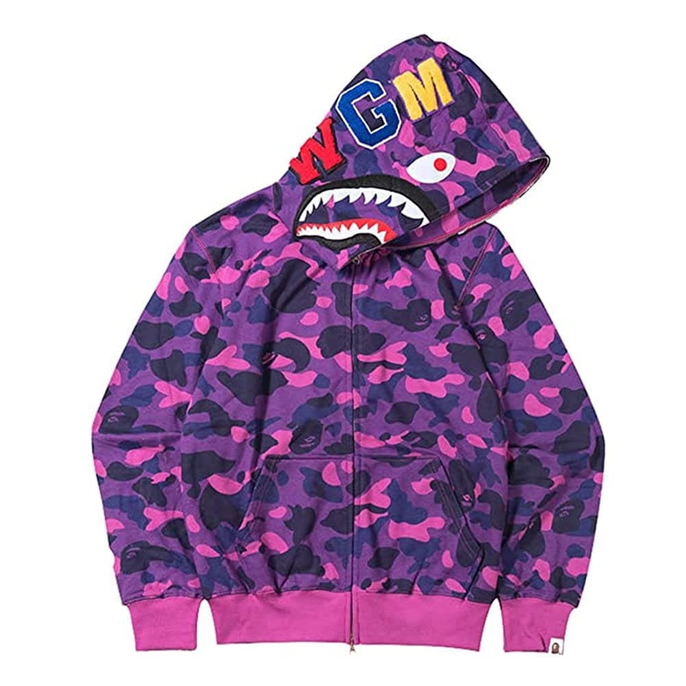 Men 3D Printed Bape Shark Hoodie Hip Hop Long Sleeve Zipper Zipper Camouflage Fashion Street Wear, Purple Right, S