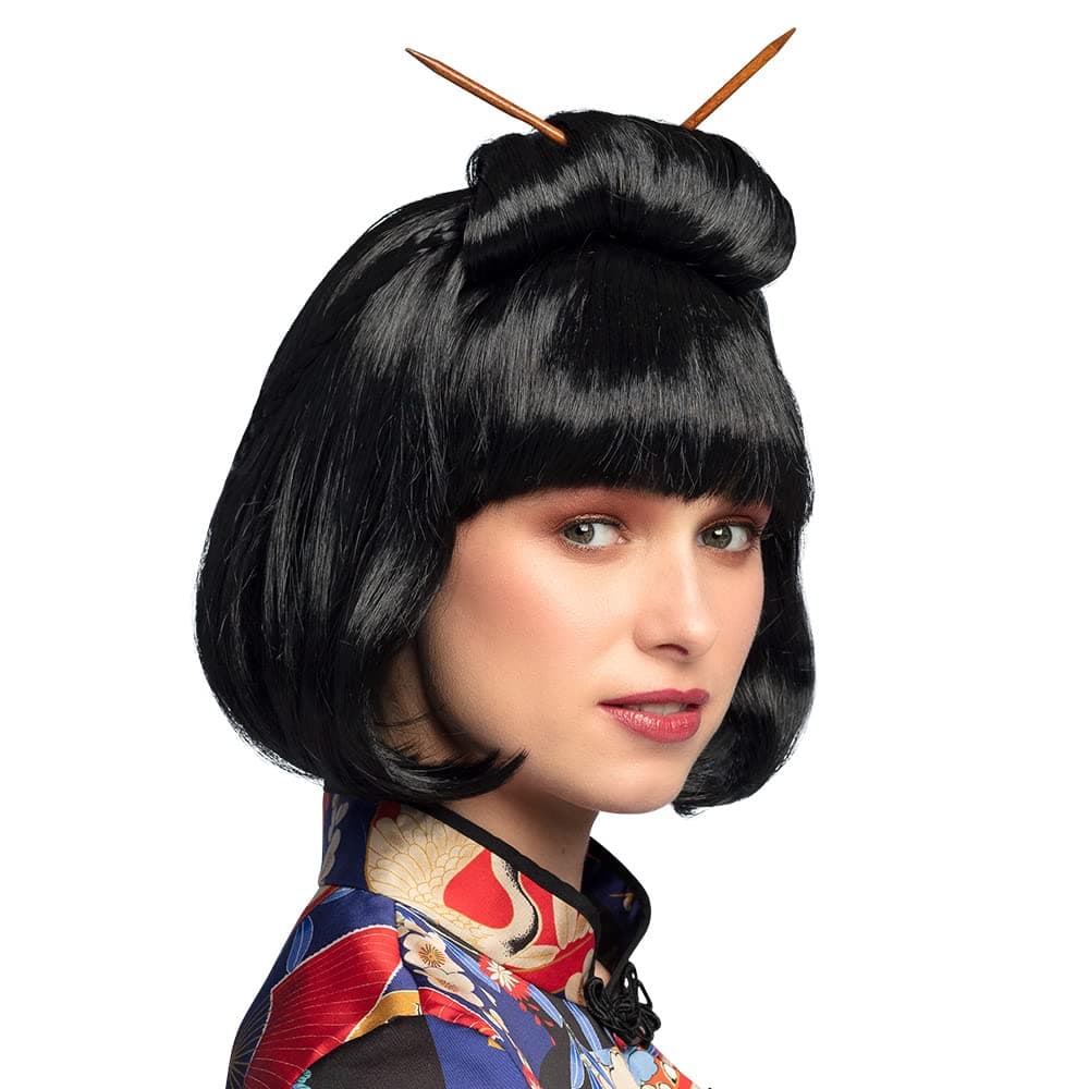 Boland 86417 Chinese Wig for Adults, Black Synthetic Hair with Sticks, Hairstyle for Fancy Dress Costumes, Carnival and Theme Party