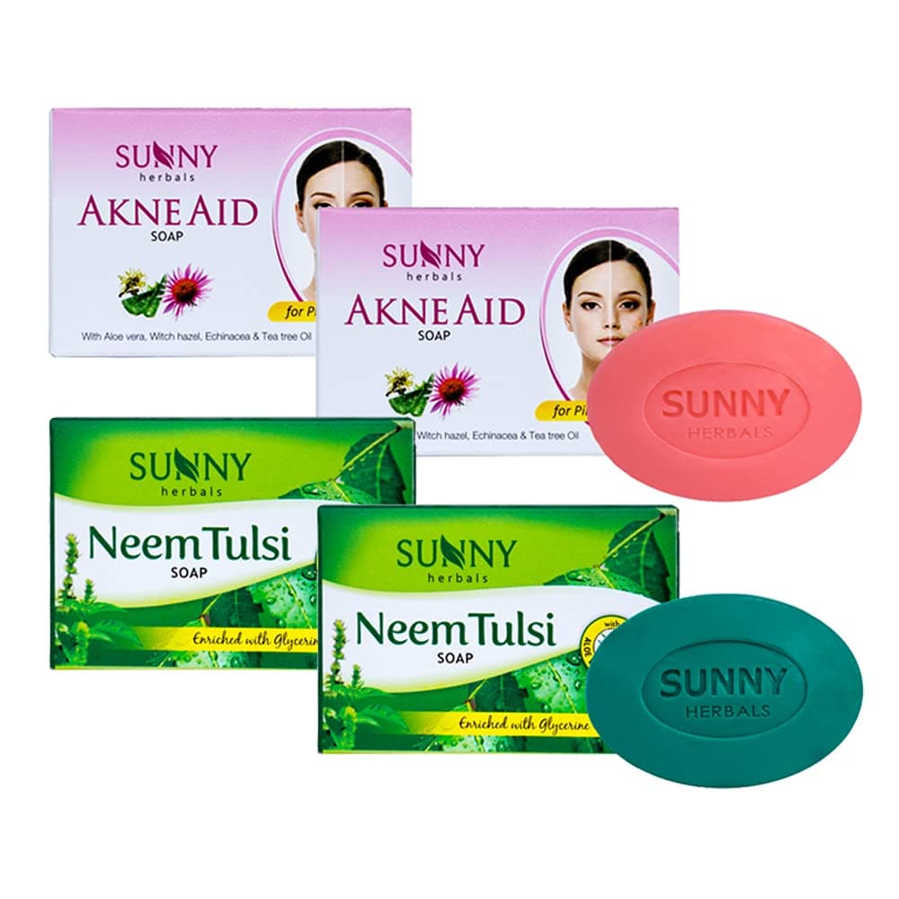Sunny Akne aid Soap(75gm*2) & Neem Tulsi Soap(75gm*2) | Witch Hazel Removes Excess oil & prevents acne | Neem & Tulsi prevent infections | Deep cleansing | For Hydrated, Supple & Rash Free Skin