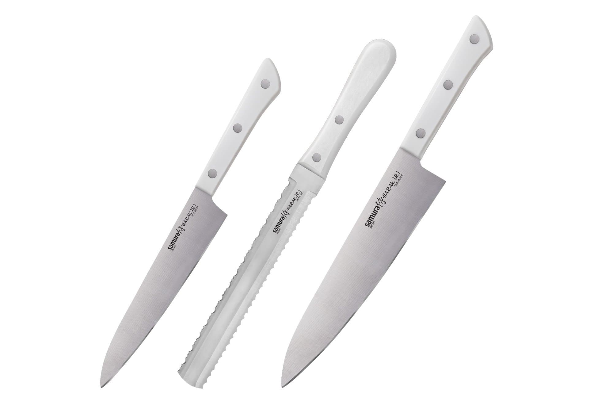 Samura Harakiri Professional Japanese Set of 3 Kitchen Knives: Utility, Two-Sided Saw Knife for Bread and Frozen Food, Chef White. ABS Plastic Handle Material. AUS-8 Japan Blade. Hardness 59 HRC
