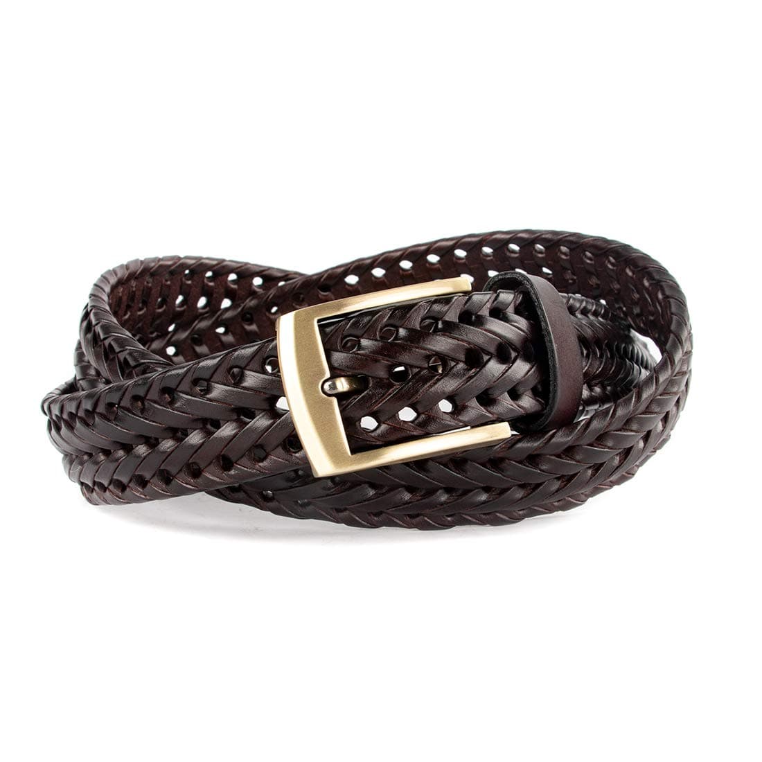 ECHAIN Men Braided Woven Genuine Leather Belt Brown