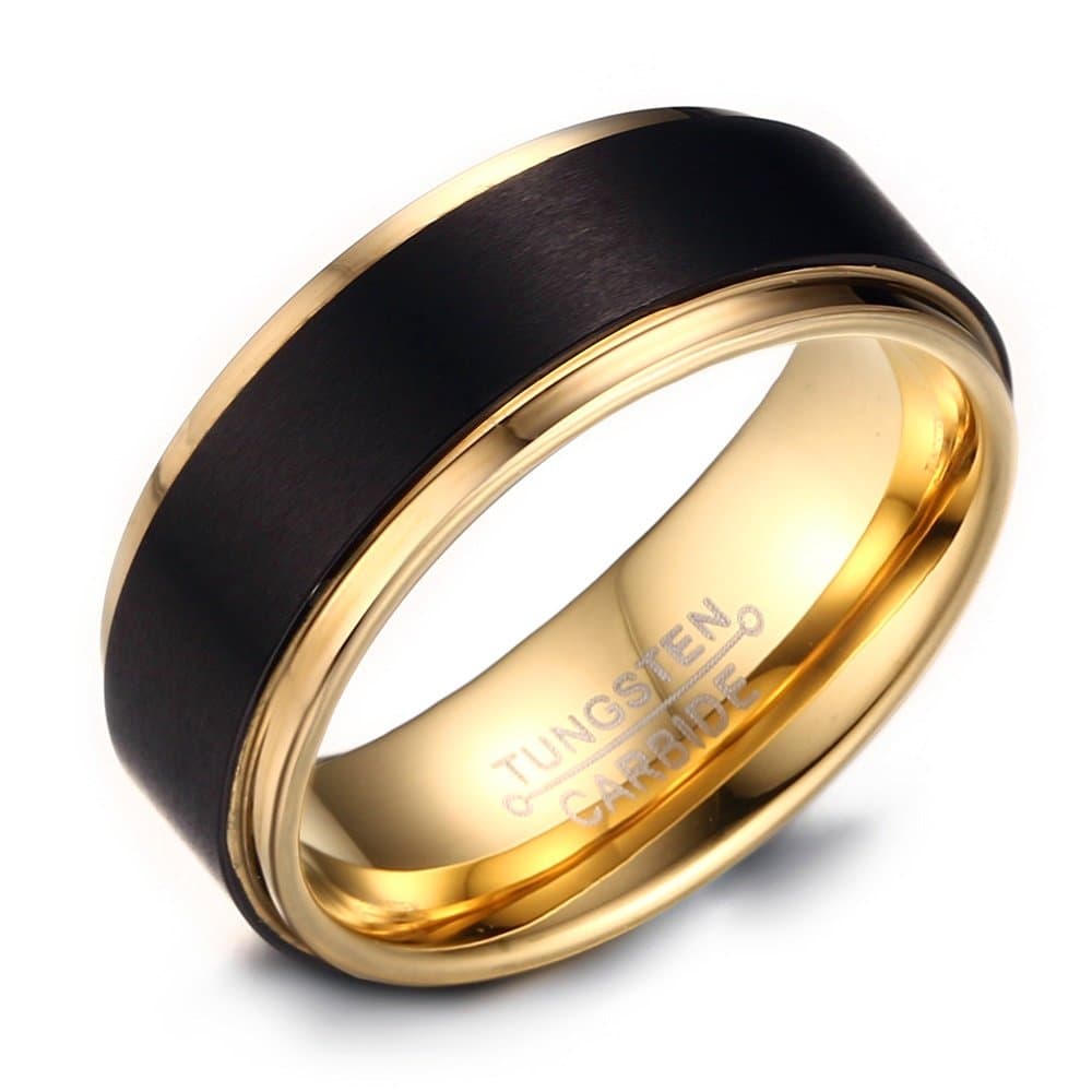 Shqipe Jewelry 8mm Mens Black Tungsten Wedding Band Ring 18k Gold Plated with Matte Domed Brushed and Polished Finish Edges