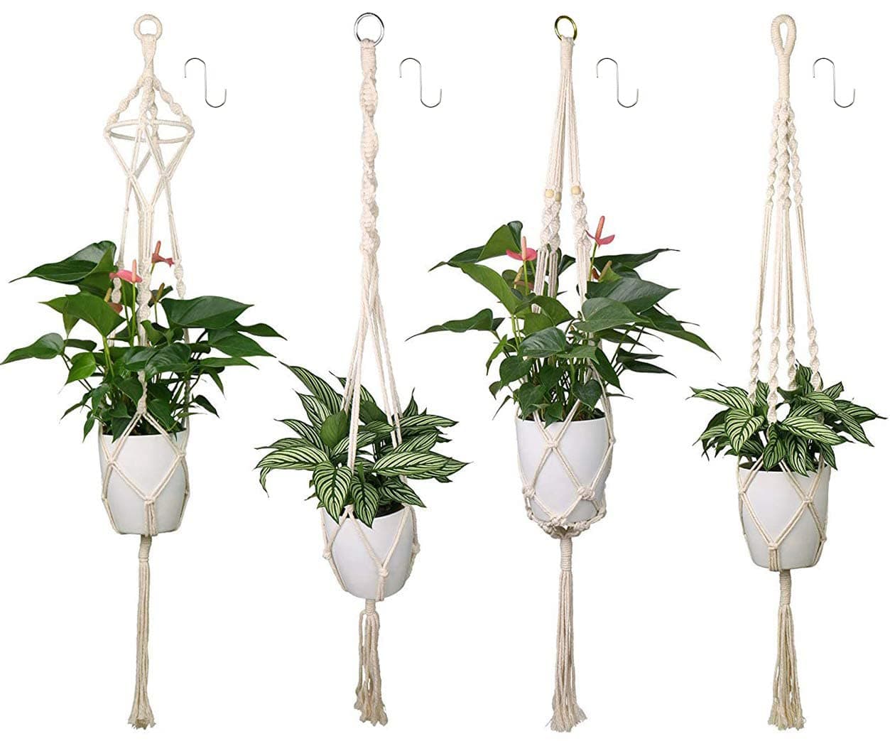 Luxbon 4 Pack Macrame Plant Hangers Indoor White Cotton Rope Flower Pot Hanging Planter Basket Holder for Patio Deck Ceiling Outdoor Garden Home Decor (4 Legs 41inch/104cm)