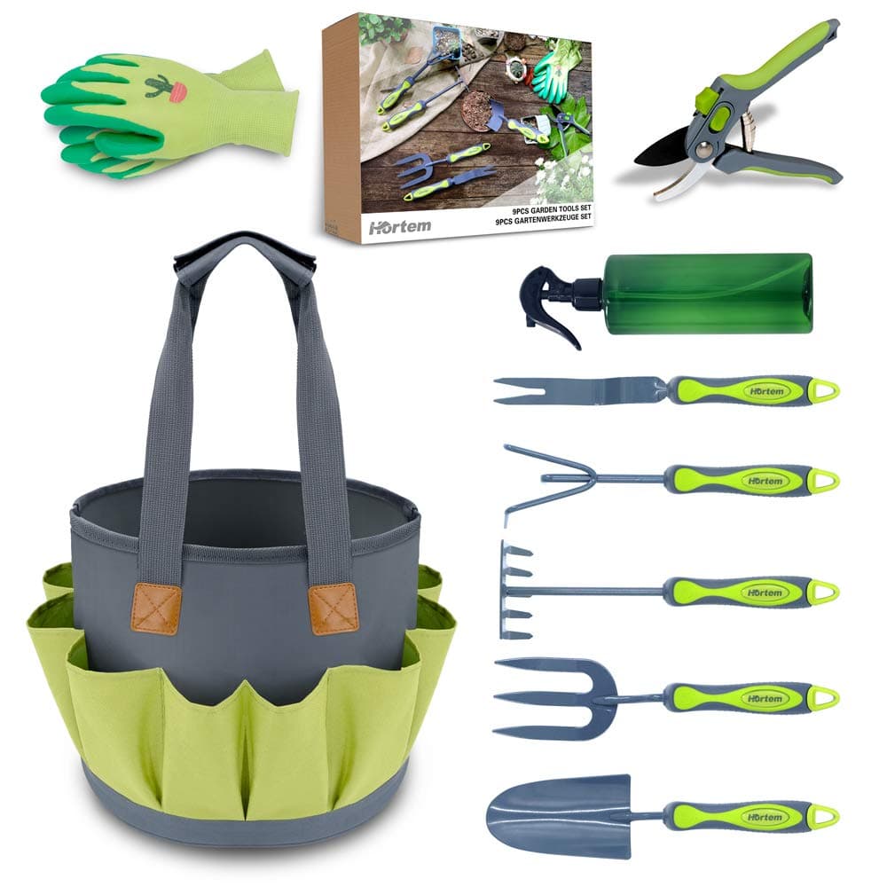 Hortem Gardening Tools Set Christmas Gardening Gifts for Women Men, Durable Hand Garden Tools Include Trowel, Cultivator, Rake, Weeder, Pruner, Garden Tote Bag and Garden Glove