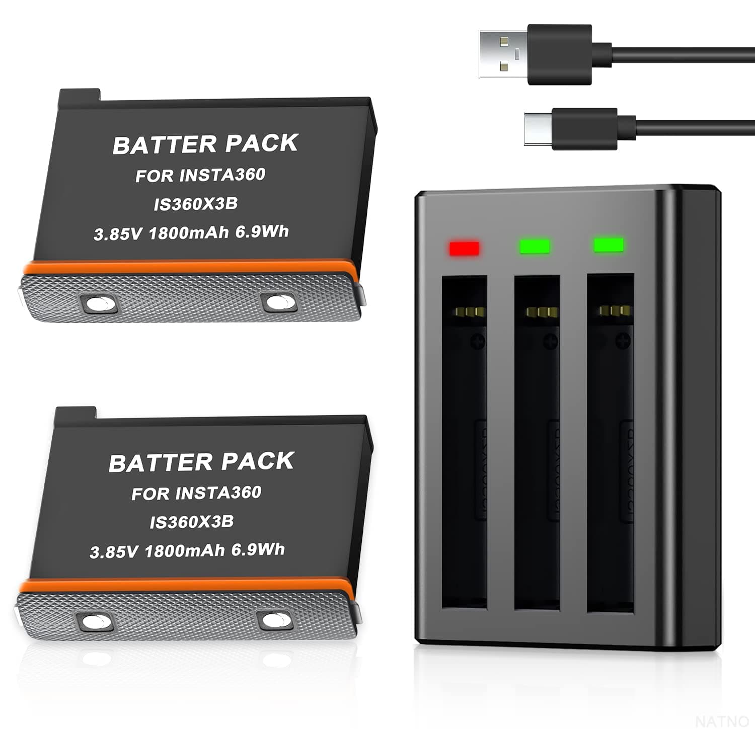 2 Pack 1800mAh Rechargeable Battery & USB Fast Battery Charger for Insta 360 X3 Battery 360 ONE x3 Camera