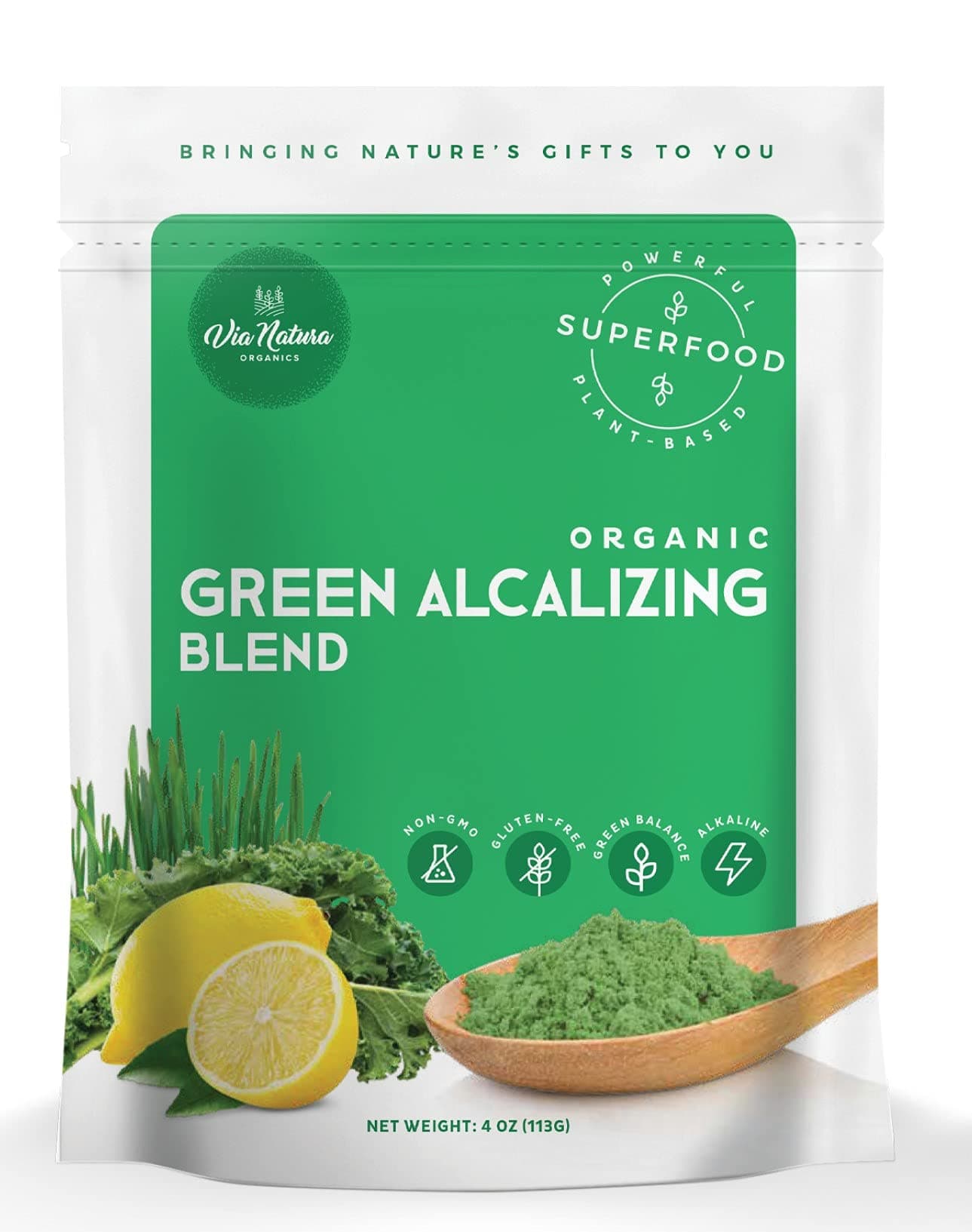 Via Natura Organics Green Alcalizing Blend Powder, 4oz. | Superfood | Non-GMO | Gluten-Free | Plant-Based | Green Balance | Alkaline -