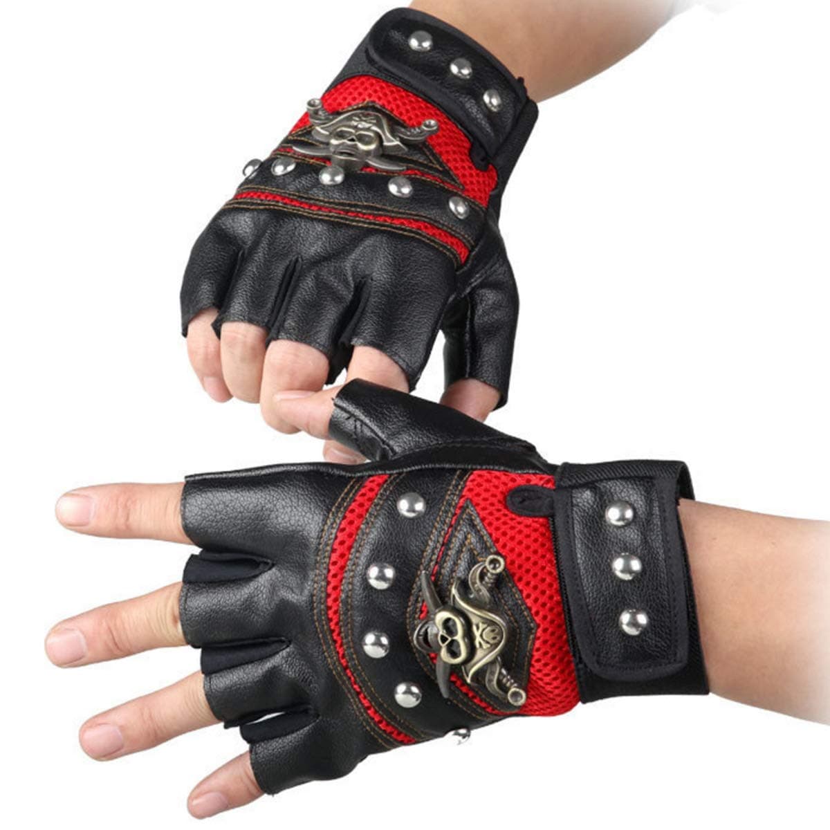 STUDYY Nieten-Handschuhe Steampunk Gothic Handschuhe Punk Kostüm Nieten Motorrad Auto Fahren Handschuhe Captain Fingerlose Fäustlinge 80er Jahre Rocker Kostüm Zubehör
