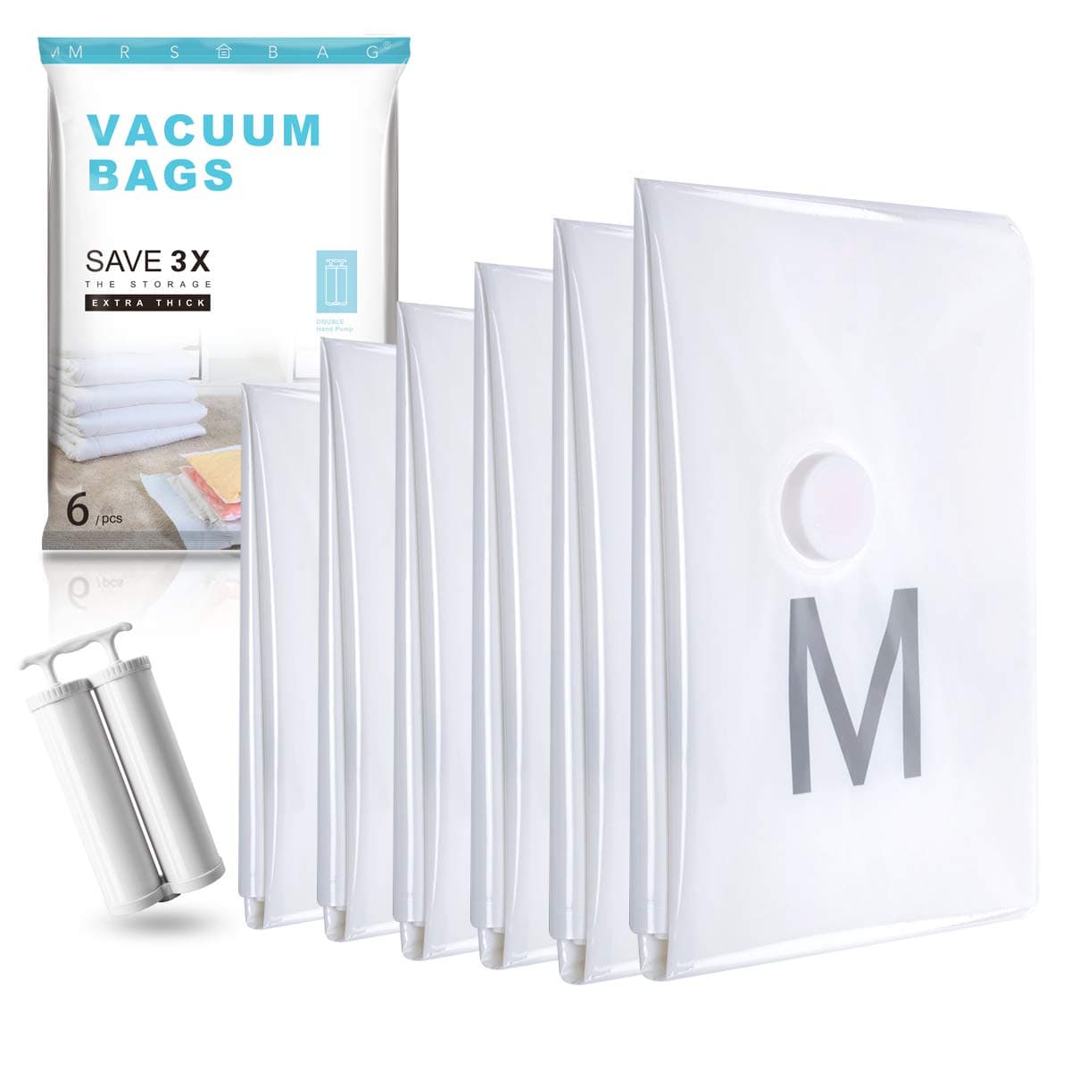 Vacuum Storage Bags Large (6 Packs) by MRSBAG - Extra Thick Space Saver Bags with Travel Hand Double-Pump for Clothes, Blankets, Comforters