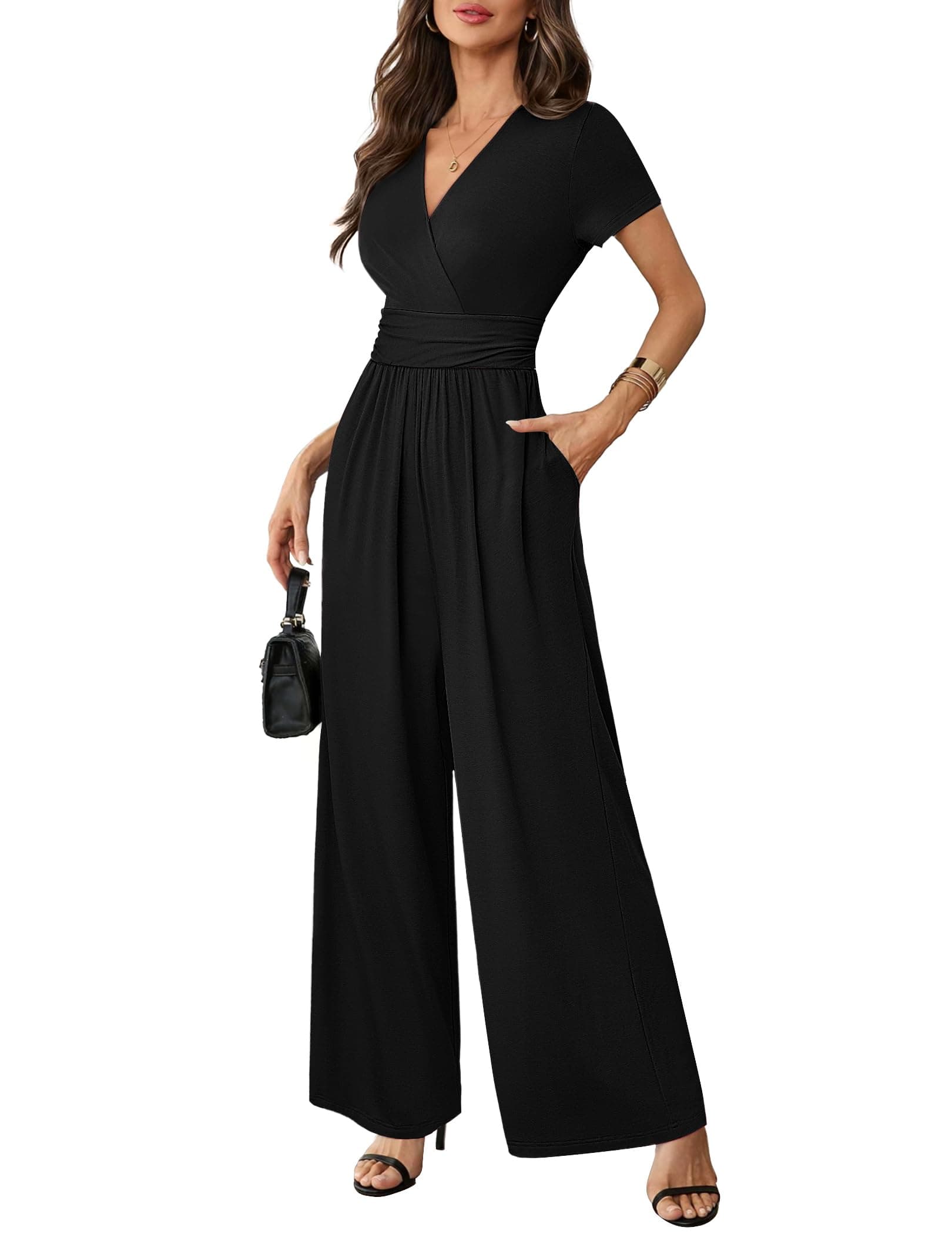 Women Casual Summer Jumpsuits Dressy 2026 Short Sleeves Deep V Neck Romper Elegant High Waist Wide Leg Pants Black XXL