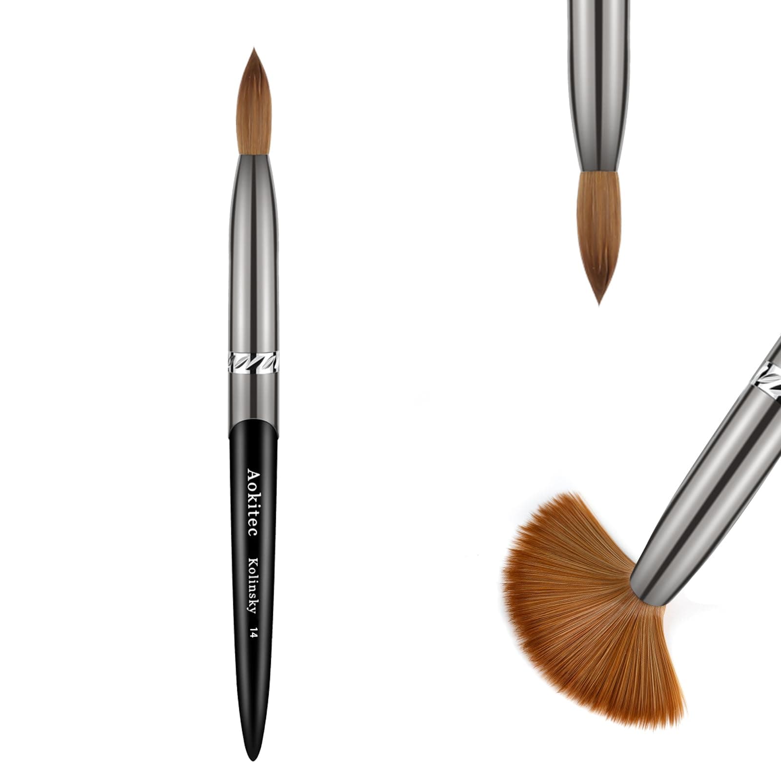 Aokitec Acrylic Nail Brush Size 14, Pure Kolinsky Hair Bristles, Sturdy Wooden Handle, Oval Crimped Sable Brush for Acrylic Powder Application, Manicure Tool (Black)