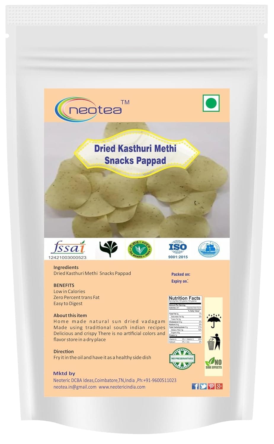 Neotea Homemade Dried Papad/Pappad/Papadum/Appalam (Indian Dish) - 250g (8.81Oz) (Kasuri Methi Papad) | Kasuri Methi Papad | Dried Fenugreek Leaves Crackers | Traditional Indian Snack | Crispy & Flavorful