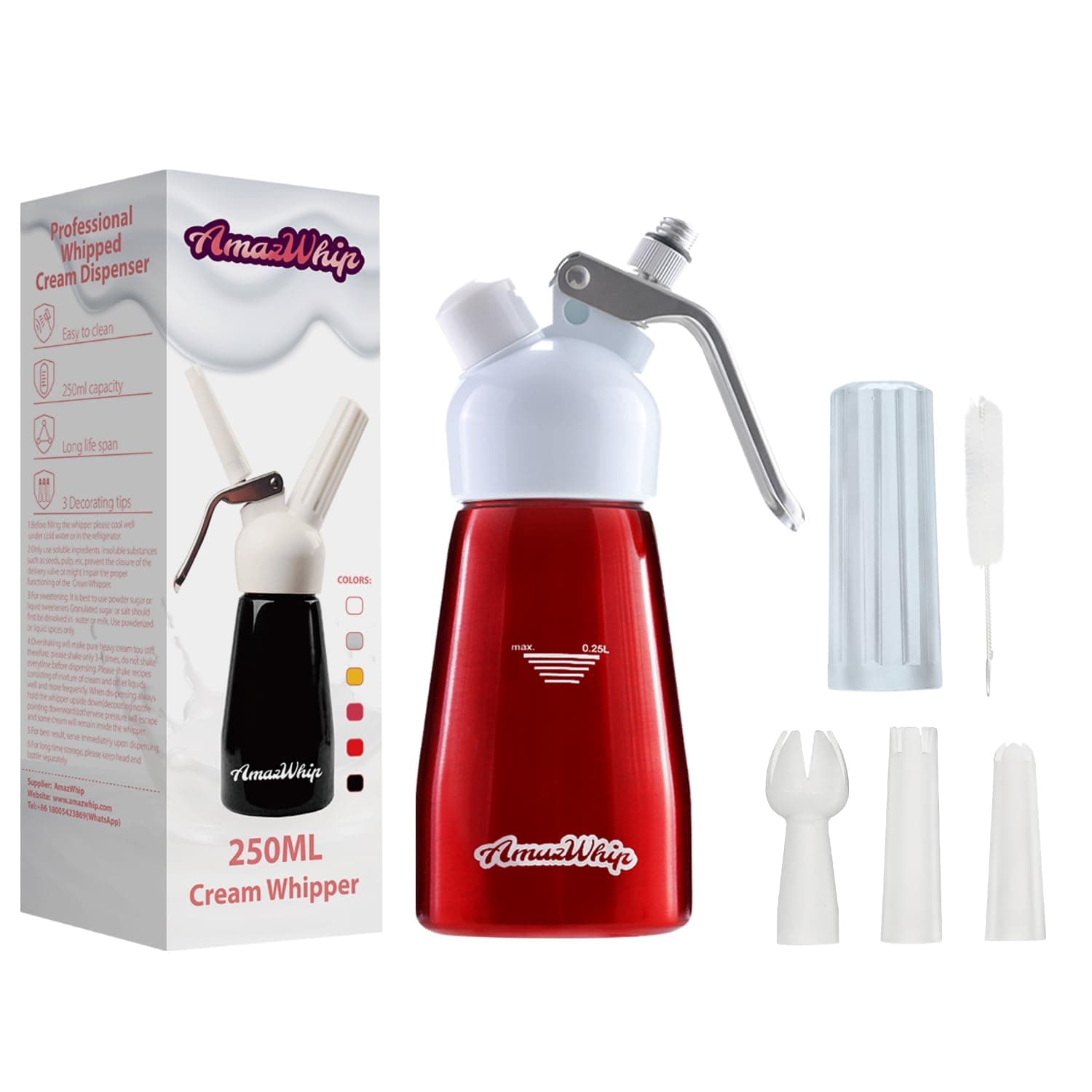 250ML Cream Dispenser For All Cold Applications-Durable Aluminum Alloy Cream Whipper With 3 Decorating Nozzles & 1 Cleaning Brush (Red)