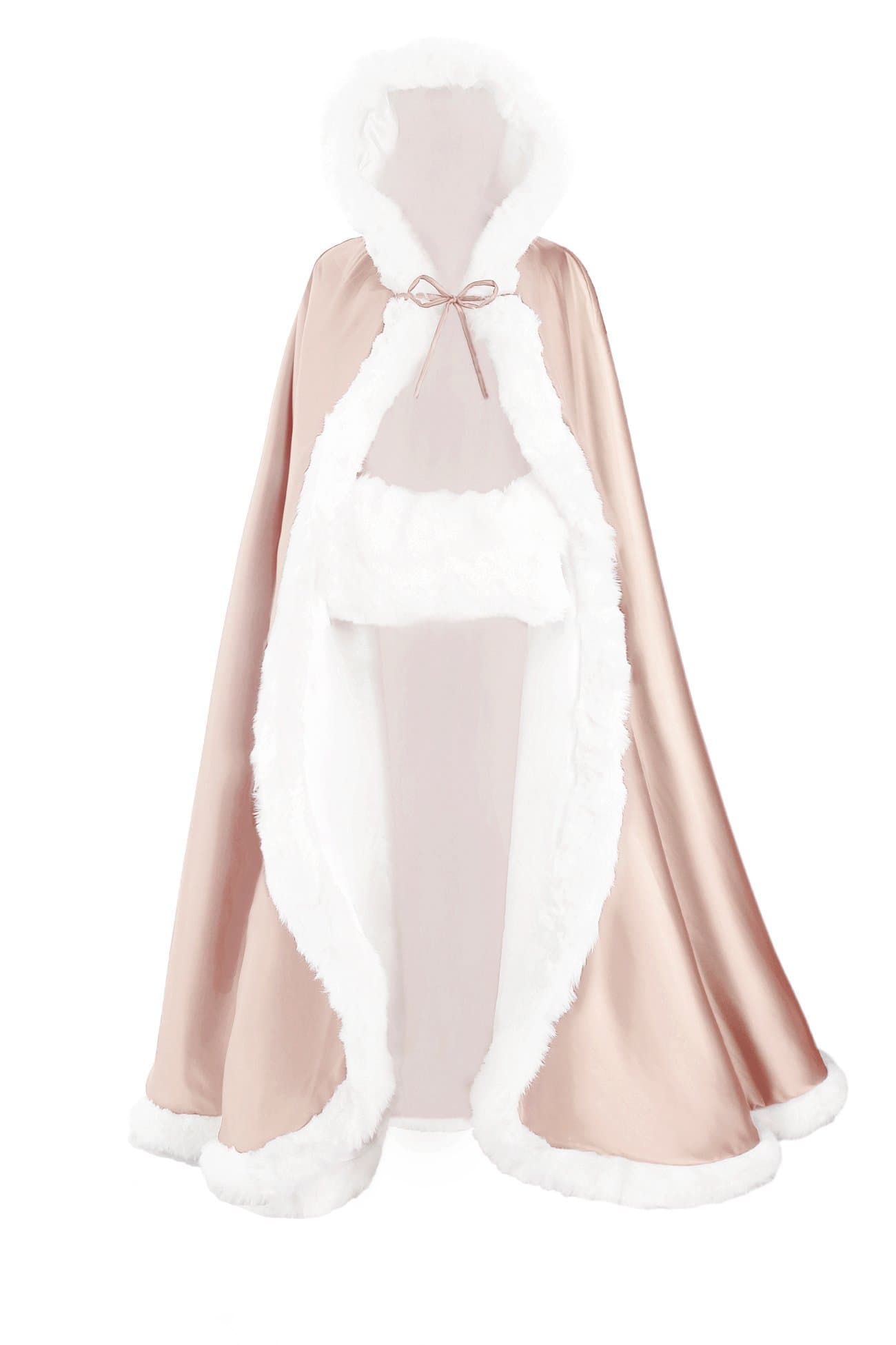 BEAUTELICATE Wedding Hooded Cloak Bridal Cape with Hood Women's Long Faux Fur Poncho Coat Winter Halloween Christmas Cosplay Costume Plus Size with Free Hand Muff