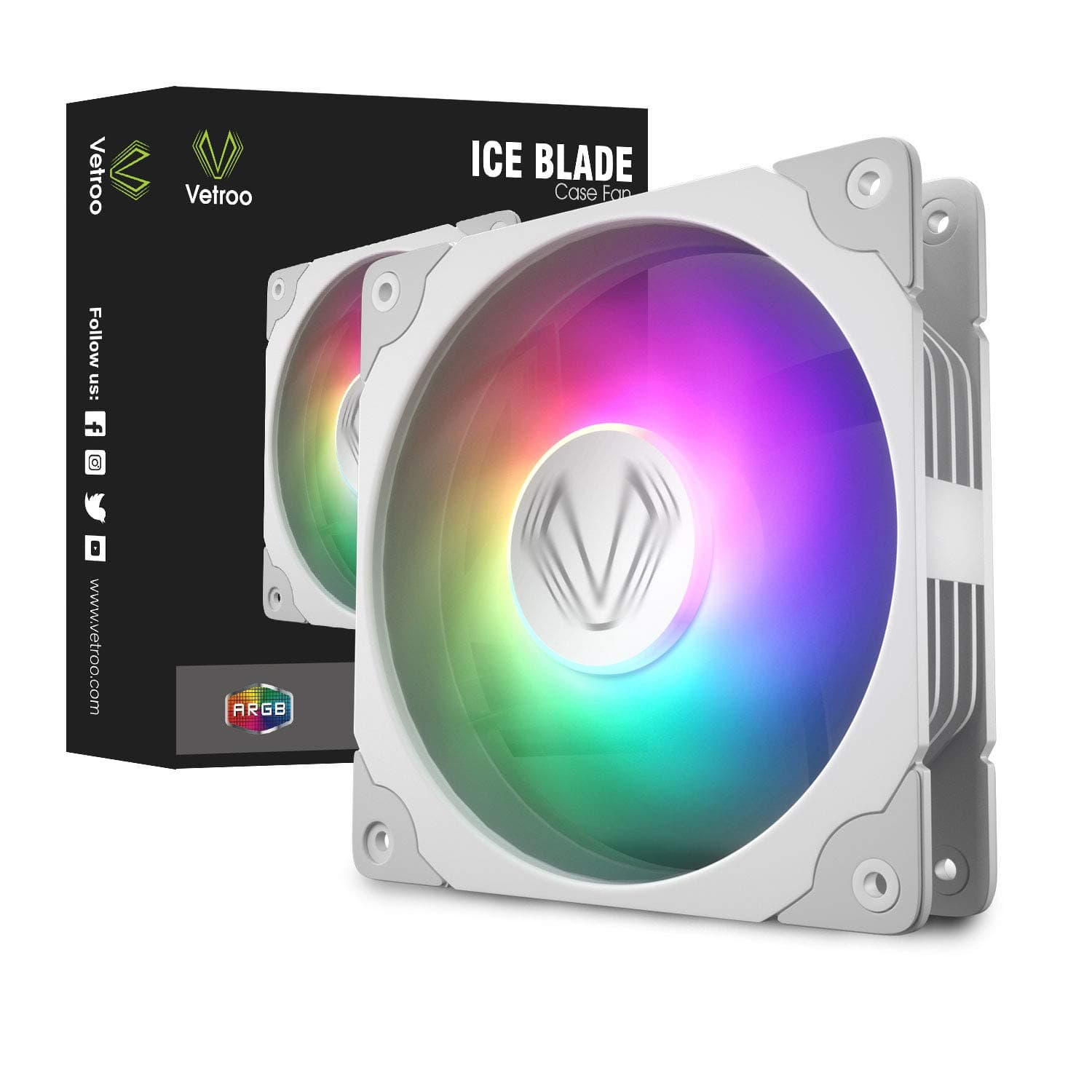 Vetroo PC Case Fan, 120mm White High Airflow 5V 3-Pin ARGB & 4-Pin PWM Case CPU Cooling Fan
