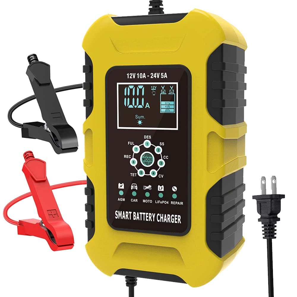 foxsur 12V 24V 10A Smart Lead Pulse Repair Charger LiFePO4 Motorcycle & Car Battery Charger AGM Deep Cycle Gel EFB Lead-Acid Charger, Yellow