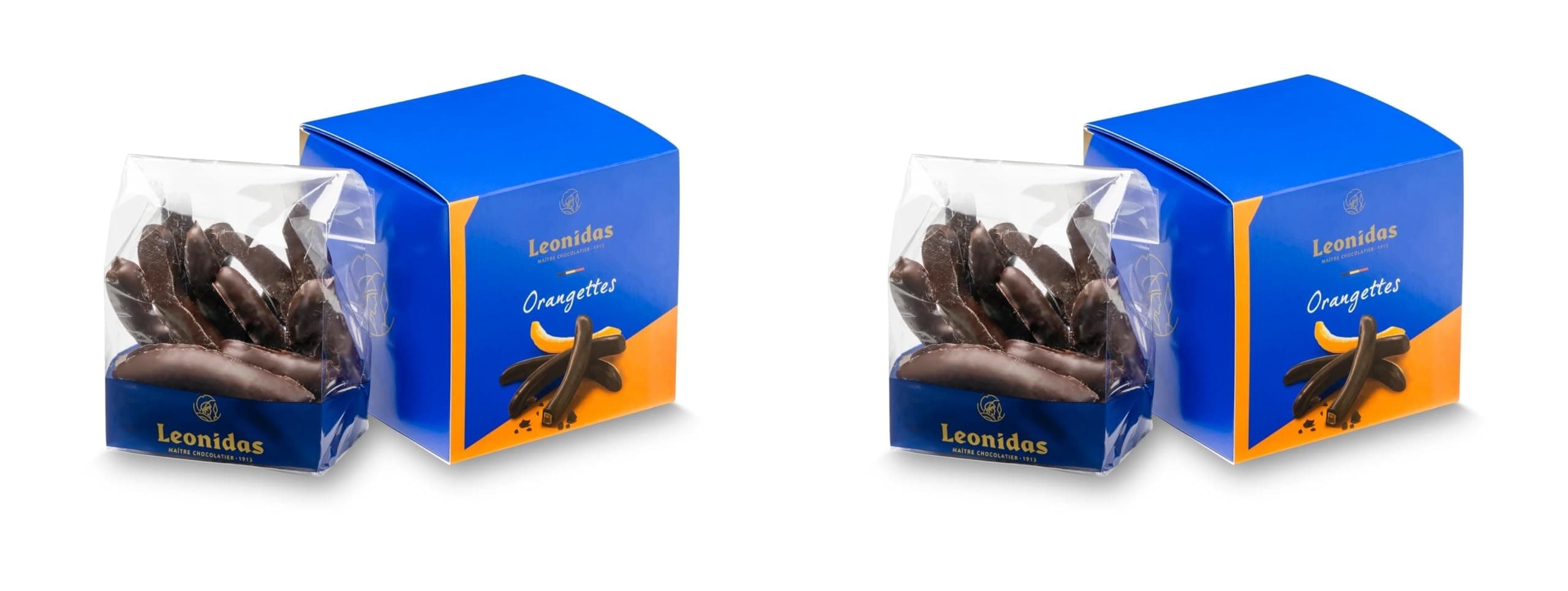Leonidas Candied Chocolate Orange Peel (Set of 2 × 200 g Cube Boxes) – Belgian Dark Chocolate Orangettes | Candied Orange Strips Coated in Fine Dark Belgian Chocolate | Luxury Gift Set