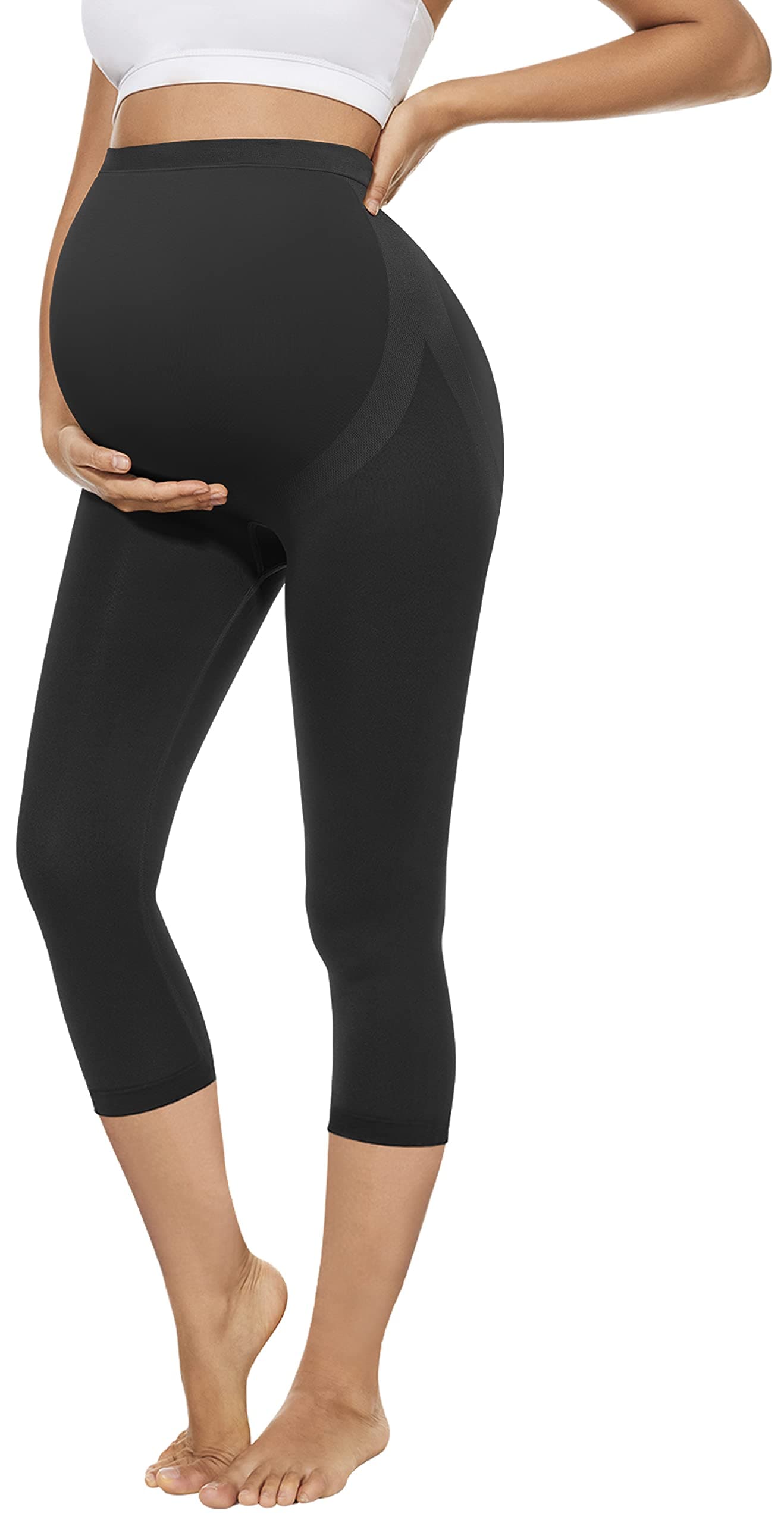 Maternity Capri Leggings Over The Belly Butt Lift -Soft Non-See-Through Workout Pregnancy Pants for Women Black