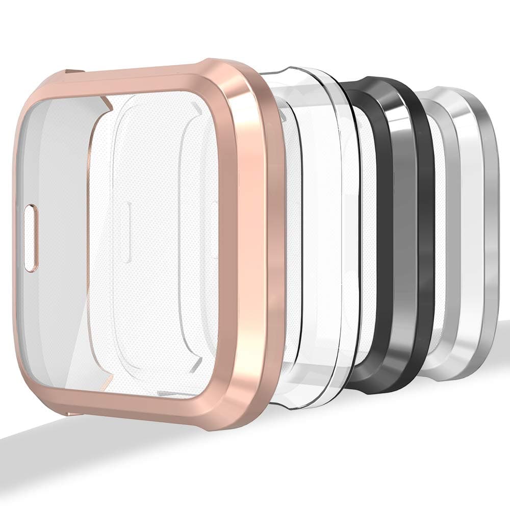 [4-Pack Screen Protector Case Compatible with Fit bit Versa Lite Edition Smartwatch, Ultra Slim Soft Full Cover Case (NOT Replacement for Fit bit Versa) - Clear, Black, Silver, Rose Gold