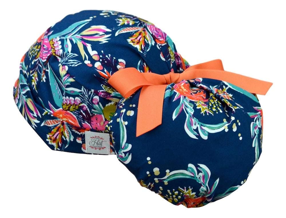 Womens Ponytail Surgical Scrub Hat Large (Zinnias)