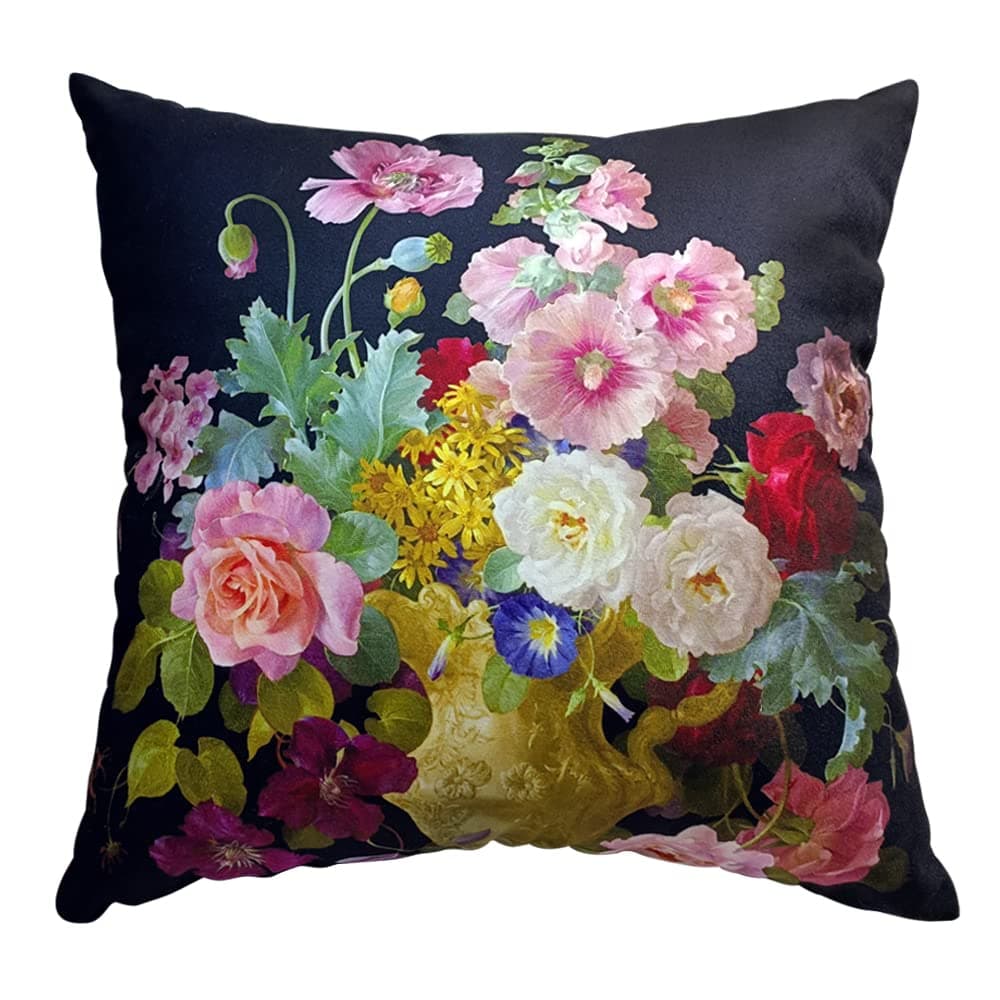 Light Luxury Decor 18x18 Inch Velvet Pillow Cover Double Sided Victorian Retro Floral Oil Painting, Black Background Vibrant Flower Cushion Case for Sofa Living Room Couch Bed Car